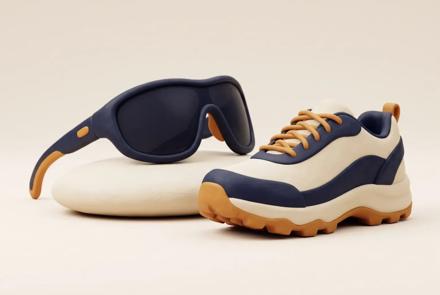 Illustration: a single pair of navy wrap-around sport sunglasses resting on a cream stone beside a trail running shoe, drawn as a soft 3D render. Not a real product.