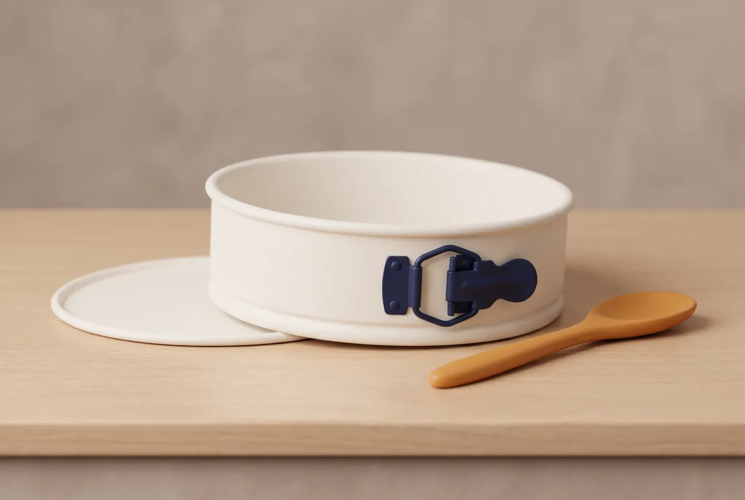 Illustration: a plain cream round springform cake pan with a navy latch and its removable base beside a wooden spoon on a light wood counter, drawn as a soft 3D render. Not a real product.