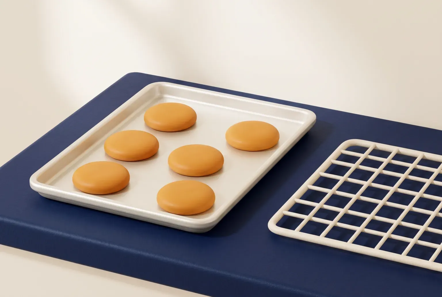 Illustration: a plain silver rectangular baking sheet holding six round cookies on a navy kitchen counter, with a cream wire cooling rack beside it, drawn as a soft 3D render. Not a real product.