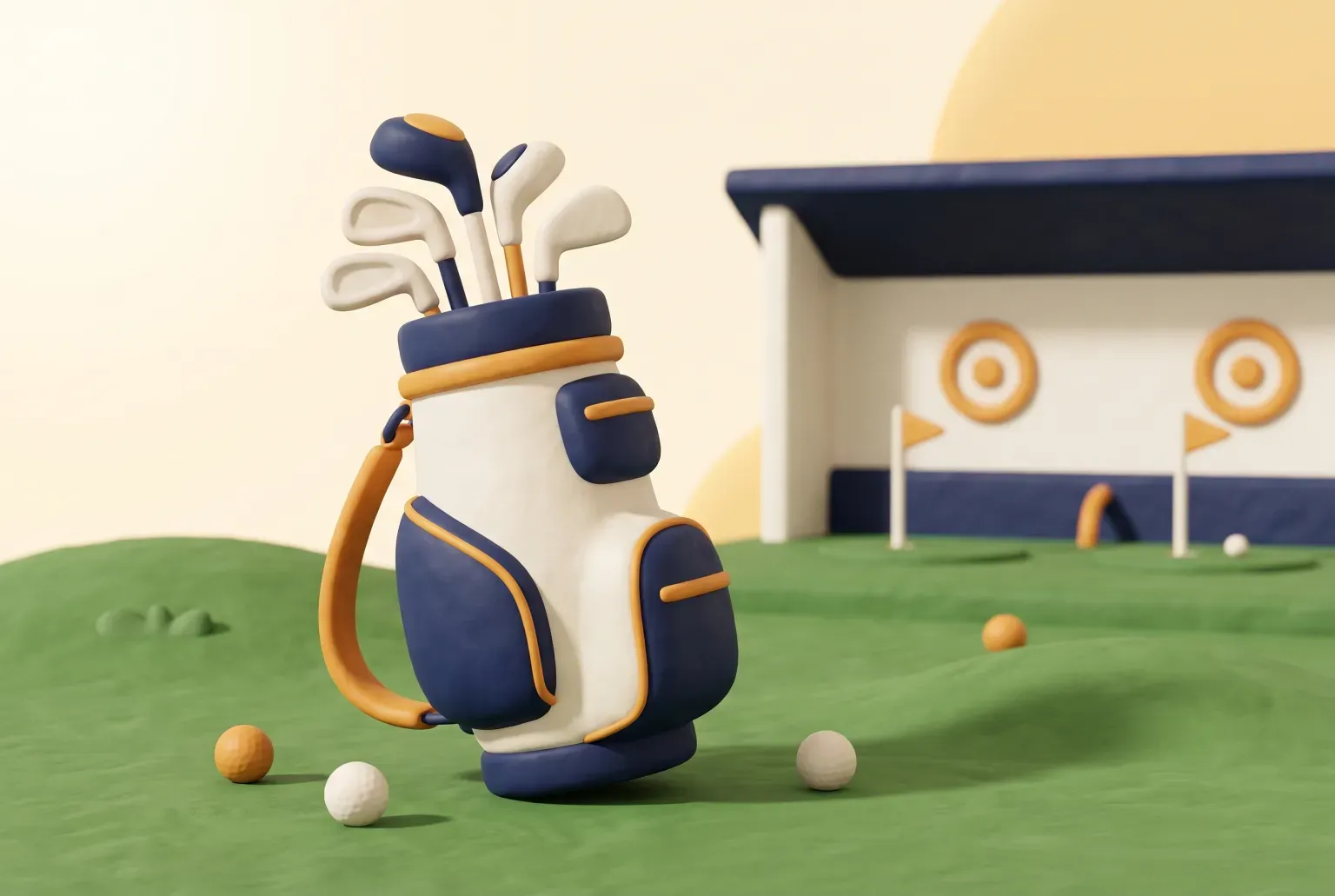Illustration: a golf bag holding a set of clubs standing on green grass at a sunny driving range, drawn as a soft 3D render. Not a real product.