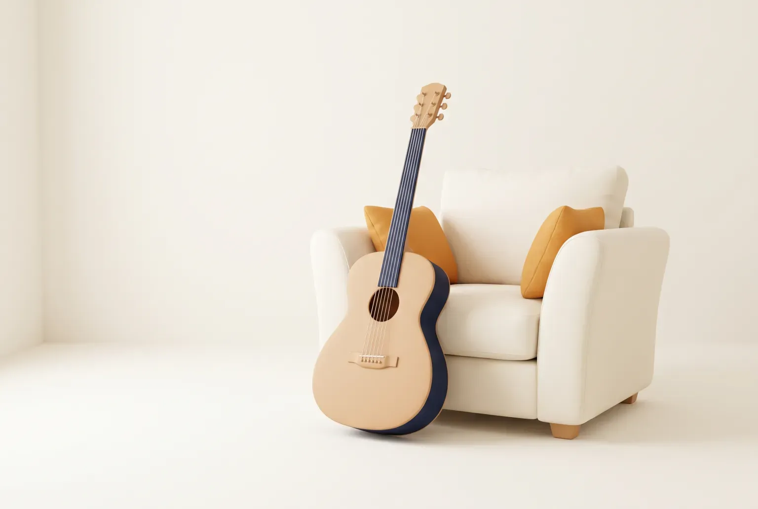 Illustration: a plain wooden acoustic guitar leaning against a cream armchair with two amber cushions in a calm, bare room, drawn as a soft 3D render. Not a real product.