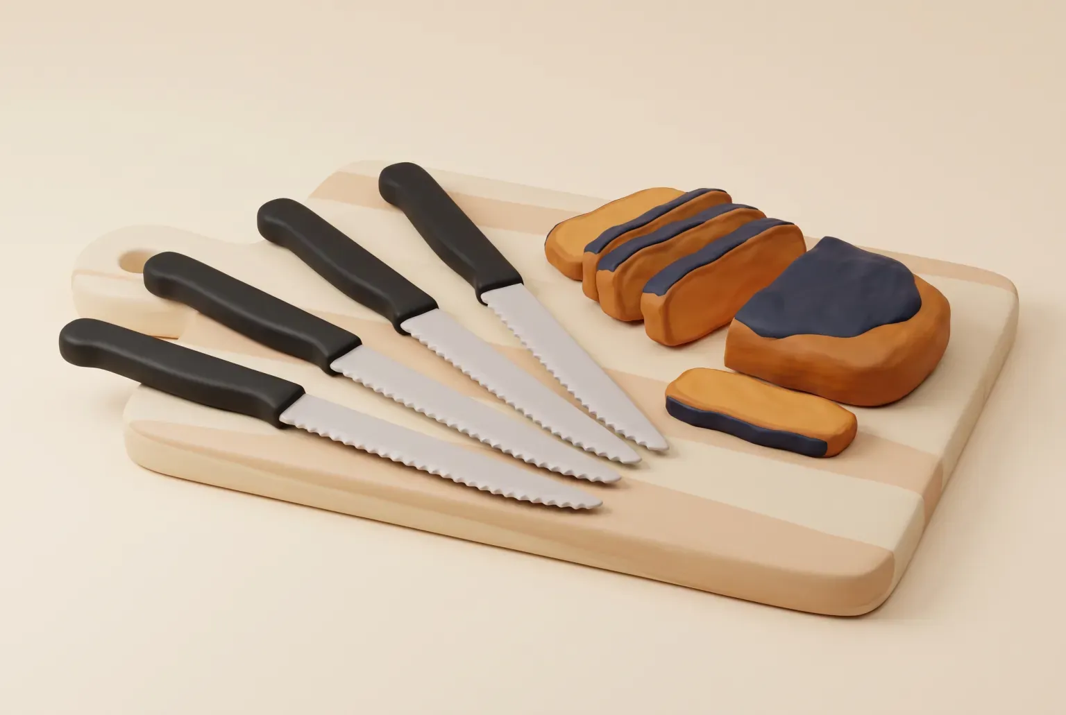 Illustration: four serrated steak knives with plain black handles fanned out on a pale wooden cutting board beside a sliced steak, drawn as a soft 3D clay render. Not a real product.