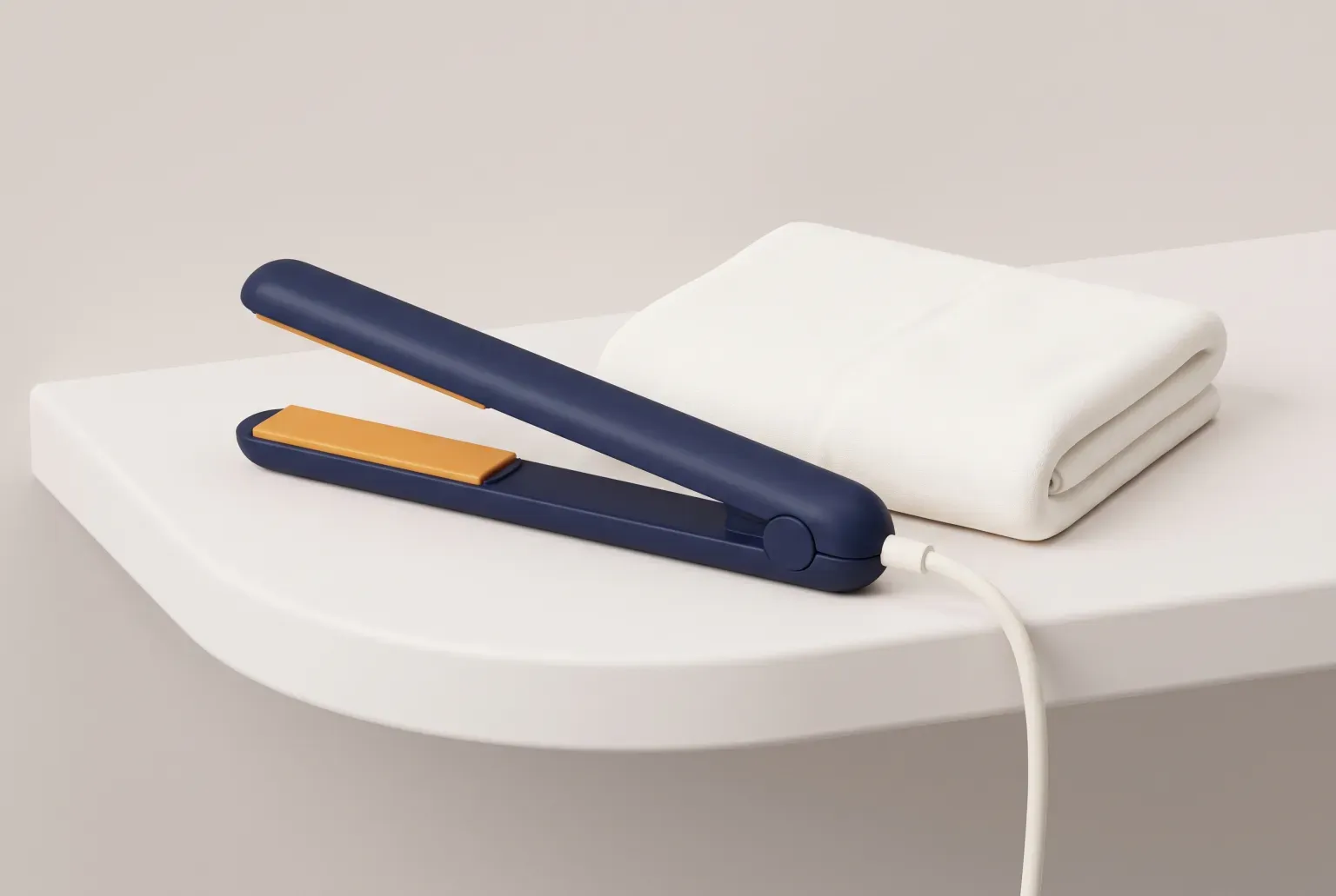 Illustration: a slim navy and amber flat iron resting beside a folded cream towel on a pale bathroom shelf, drawn as a soft 3D render. Not a real product.