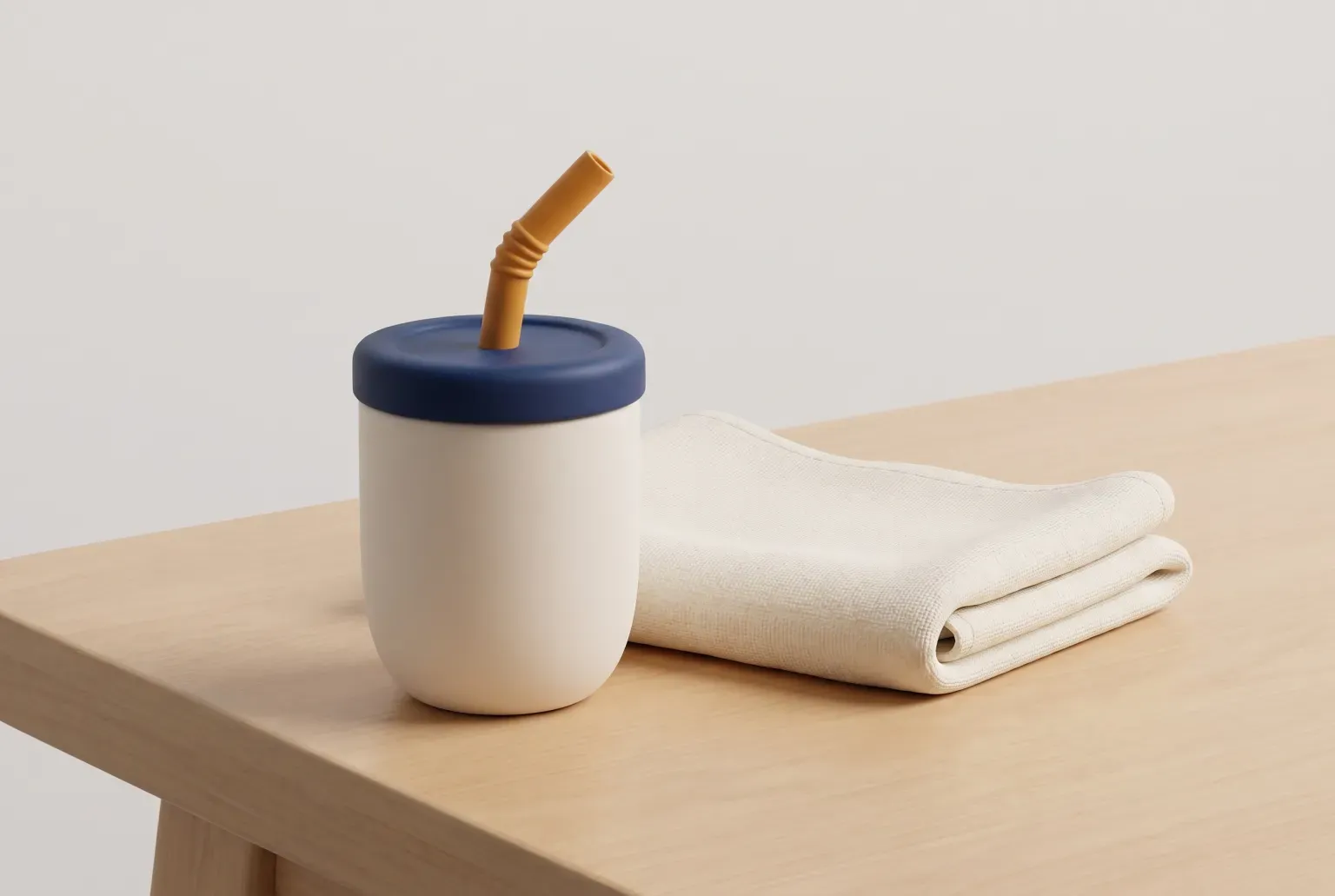 Illustration: a plain cream toddler cup with a bendy navy straw standing on a wooden table beside a folded cream cloth, drawn as a soft 3D render. Not a real product.