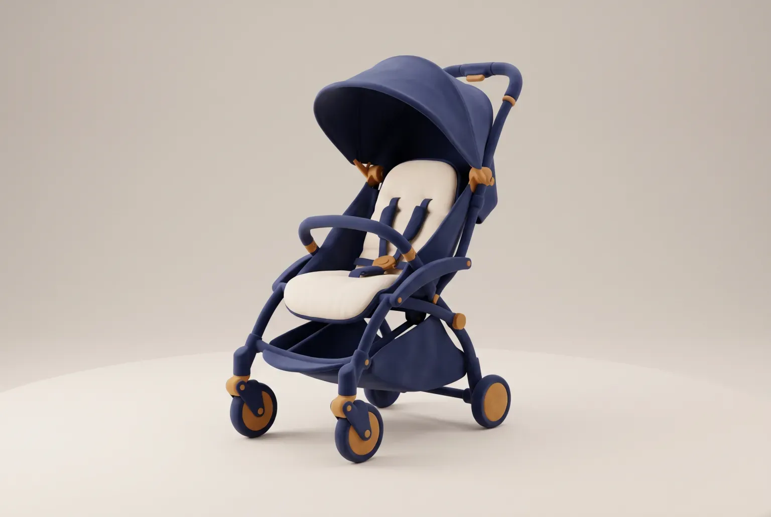 Illustration: a navy baby stroller with a cream seat and a wide canopy standing on a smooth cream floor, drawn as a soft 3D render. Not a real product.