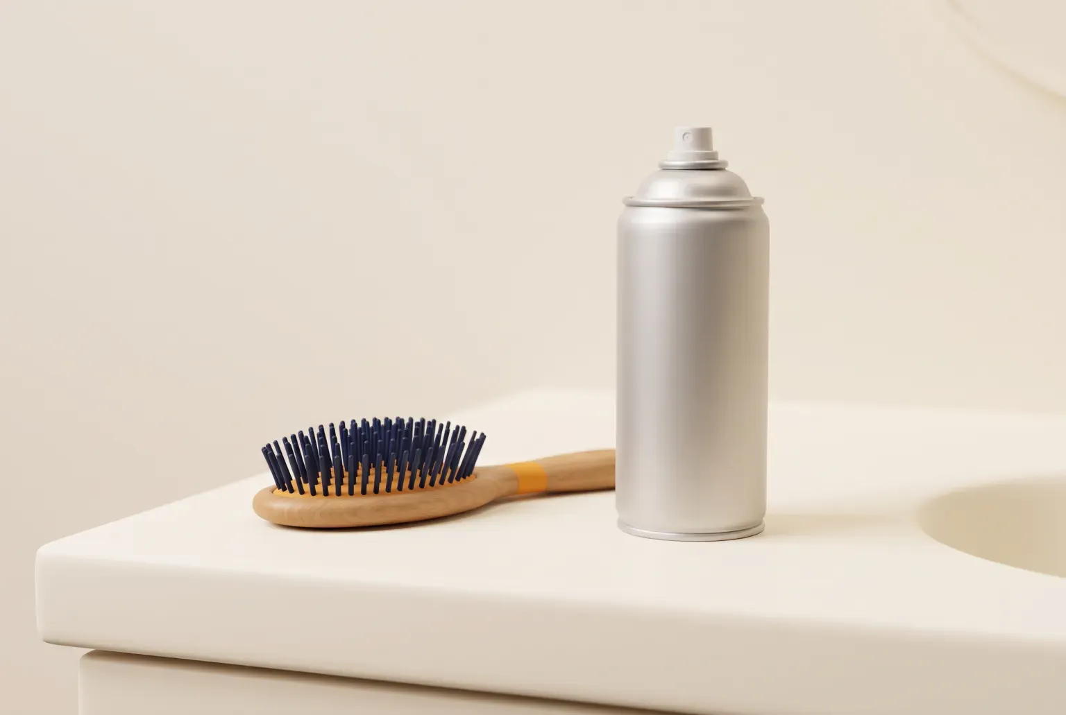 Illustration: a plain silver aerosol can with no label standing on a cream bathroom counter beside a wooden hairbrush with navy bristles, drawn as a soft 3D render. Not a real product.
