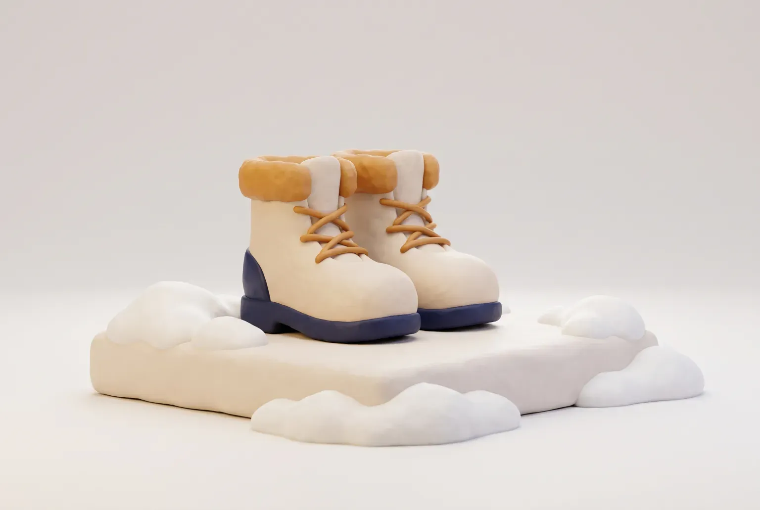Illustration: a pair of cream winter boots with soft amber fur trim and navy soles standing on a snowy ledge, drawn as a soft 3D render. Not a real product.