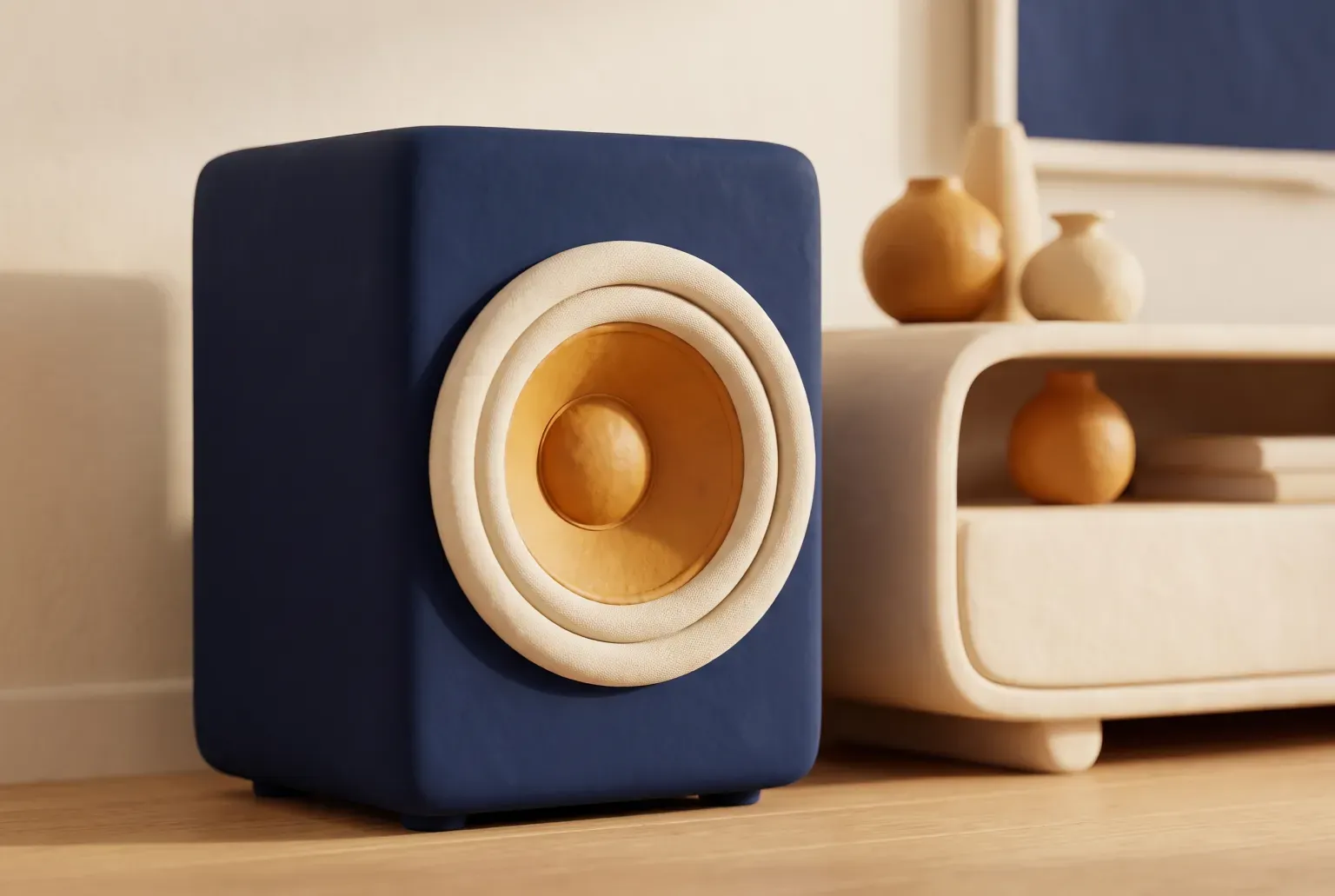 Illustration: a navy powered subwoofer cabinet with a large round amber woofer cone behind a cream fabric ring on its front, standing on a wooden floor beside a low cream TV stand, drawn as a soft 3D render. Not a real product.