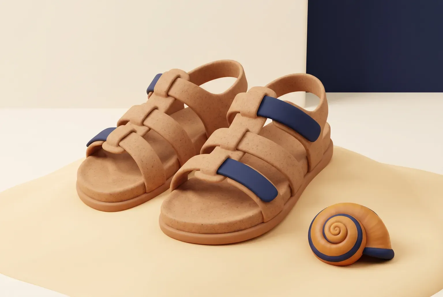 Illustration: a pair of plain tan strappy cork-colored sandals with navy straps resting on warm sand beside a single spiral seashell, drawn as a soft 3D render. Not a real product.