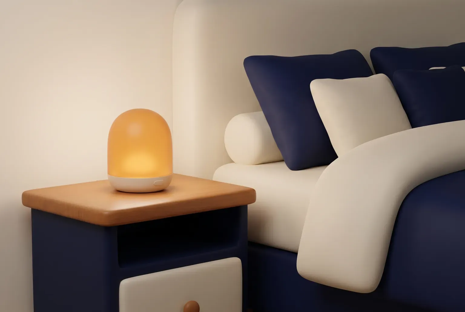Illustration: a small dome-shaped bedside lamp glowing soft amber on a wooden nightstand beside a made bed with navy and cream pillows, drawn as a soft 3D render. Not a real product.