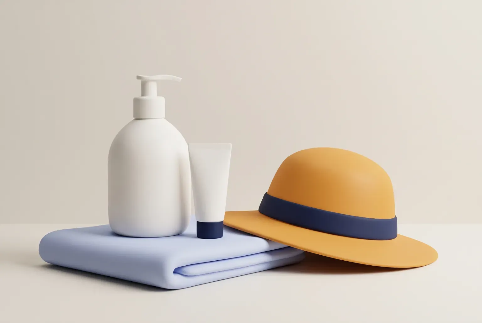 Illustration: a plain white pump bottle and a small white tube on a folded pale blue towel beside a soft amber sun hat, drawn as a soft 3D render. Not a real product.