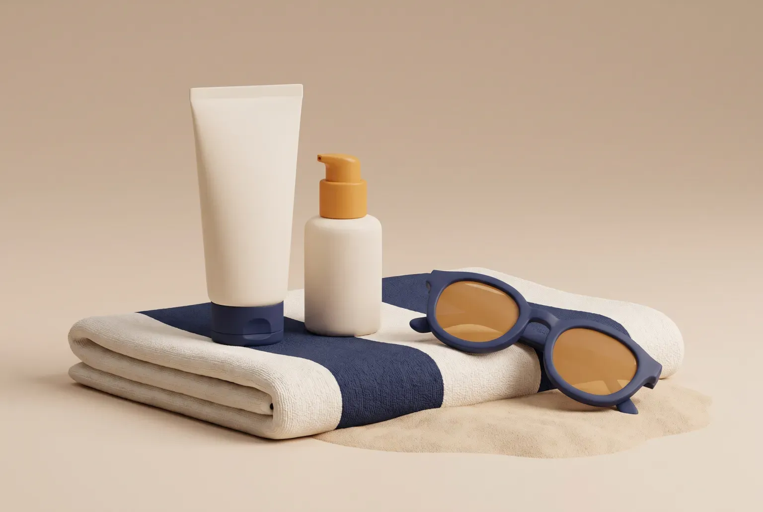 Illustration: a plain cream tube and a small pump bottle on a folded striped towel on sand beside round sunglasses, drawn as a soft 3D render. Not a real product.