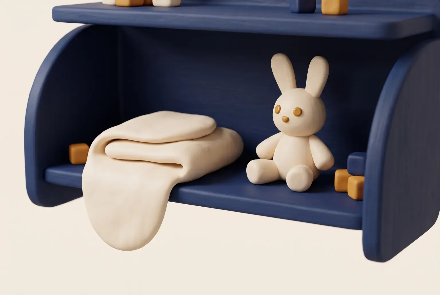 Illustration: a soft folded cream swaddle blanket beside a small cream stuffed bunny on a navy nursery shelf, drawn as a soft 3D render. Not a real product.