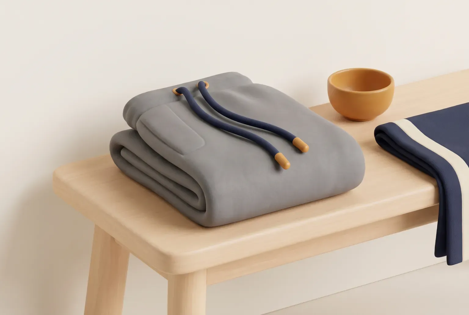 Illustration: a pair of gray fleece sweatpants with a navy drawstring, folded on a pale wooden bench beside a small amber bowl and a navy cloth with a cream stripe, drawn as a soft 3D render. Not a real product.