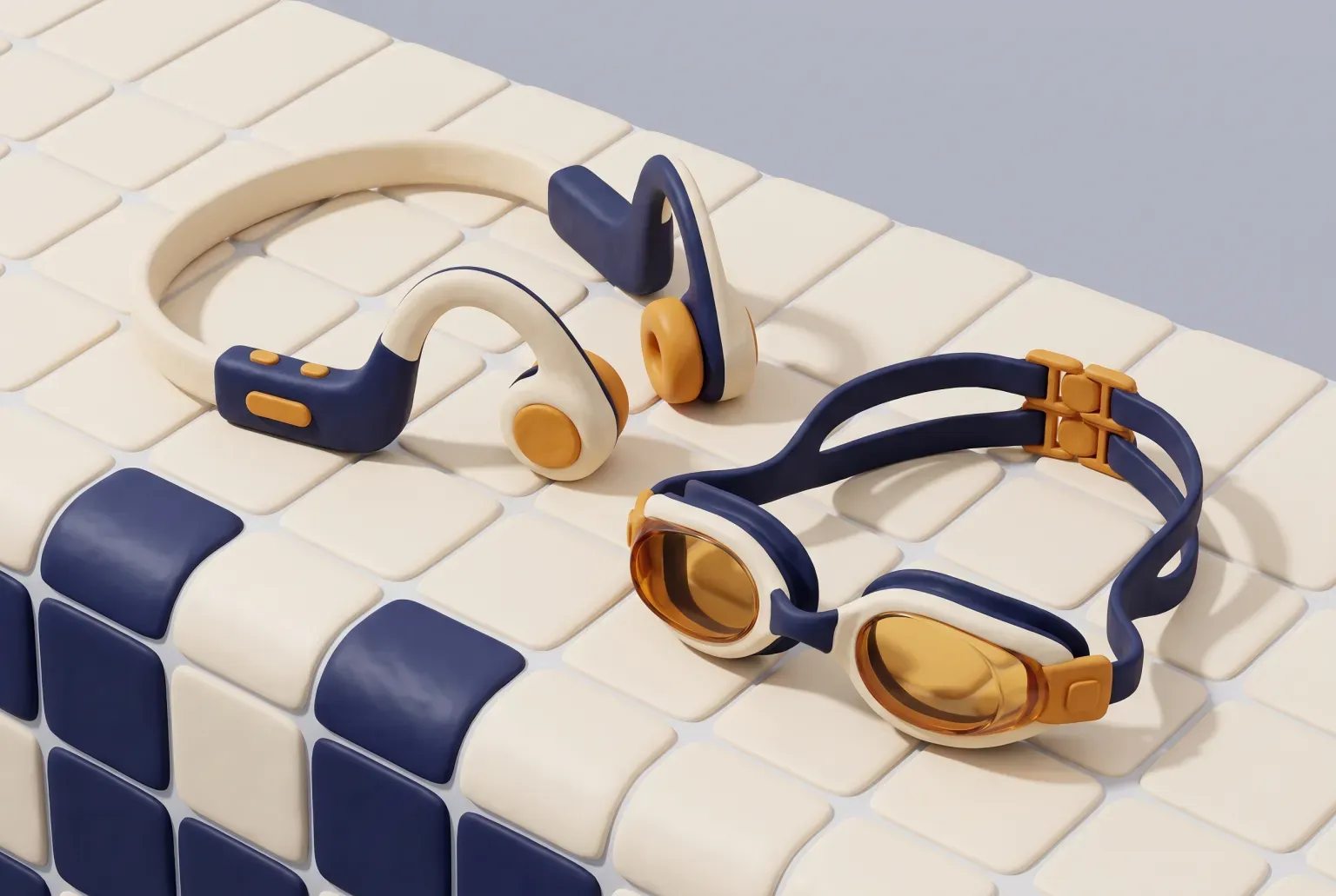 Illustration: a cream and navy open-ear headphone set with a rear band beside swim goggles on the tiled edge of a pool, drawn as a soft 3D render. Not a real product.