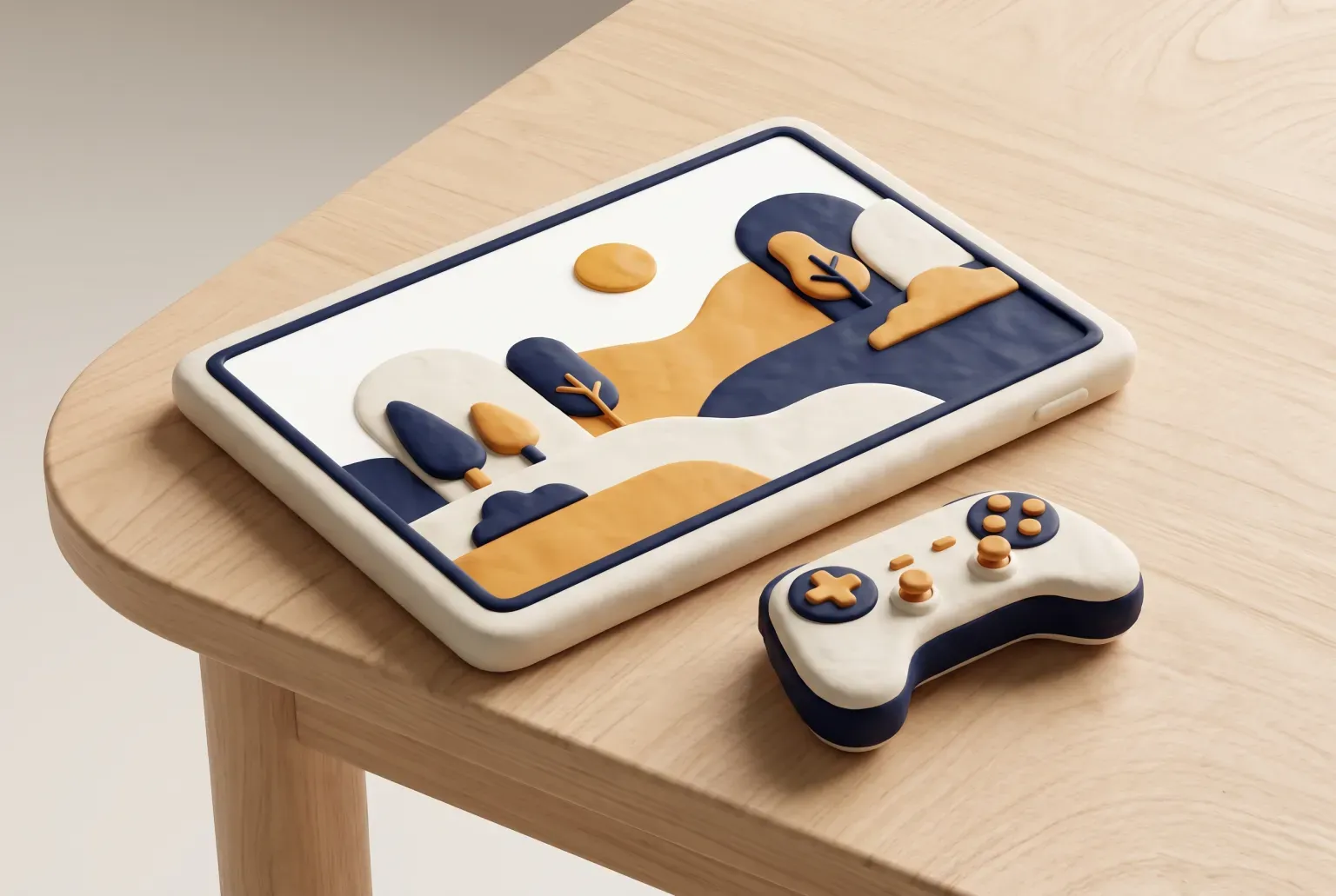 Illustration: a slim cream tablet with a navy frame lying on a light wooden desk, its screen showing a simple hills-and-trees landscape in navy and amber, with a small cream game controller beside it, drawn as a soft 3D render. Not a real product.