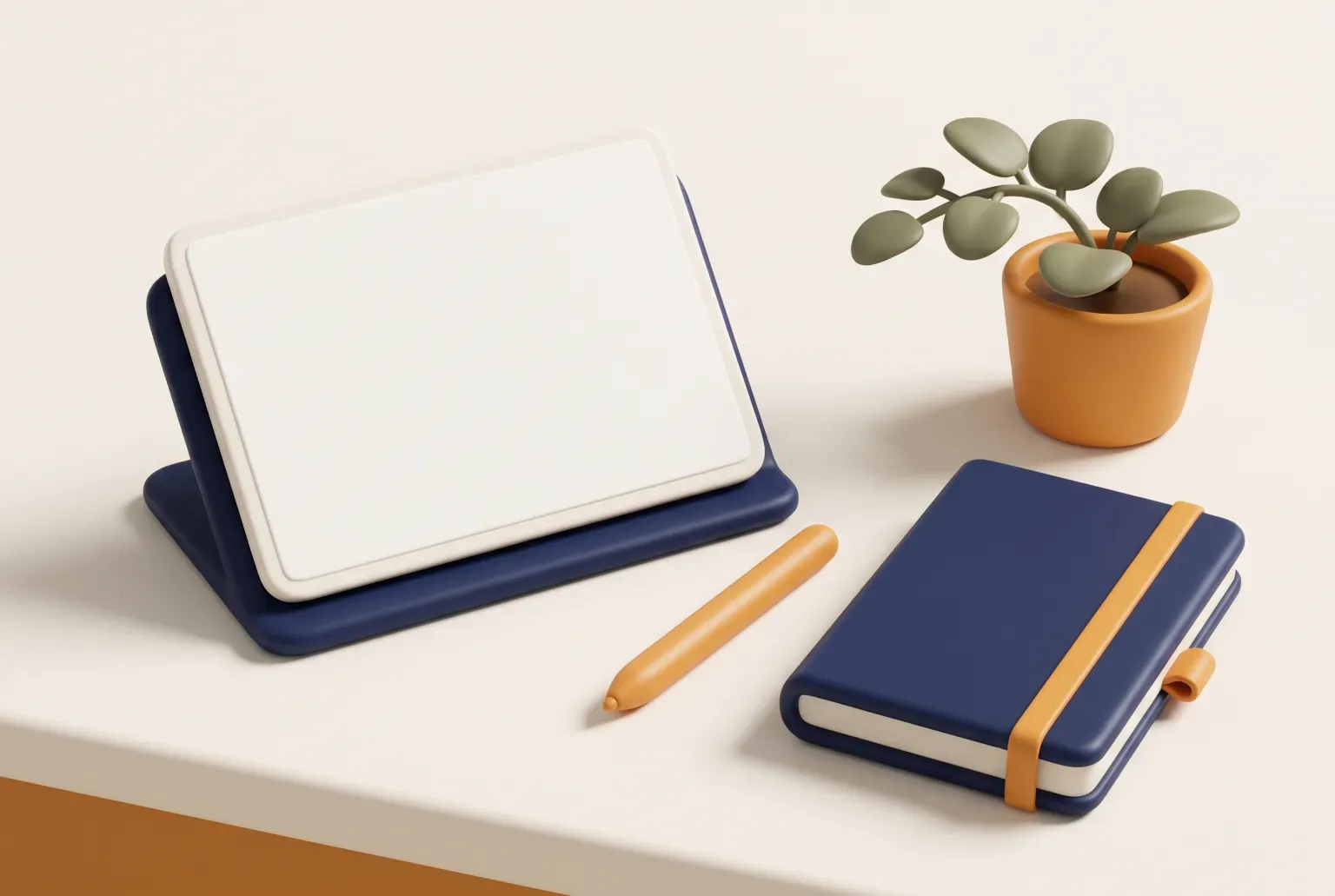 Illustration: a blank tablet standing on a navy desk stand beside an amber stylus, a navy notebook with an elastic band and a small potted plant on a cream desk, drawn as a soft 3D render. Not a real product.