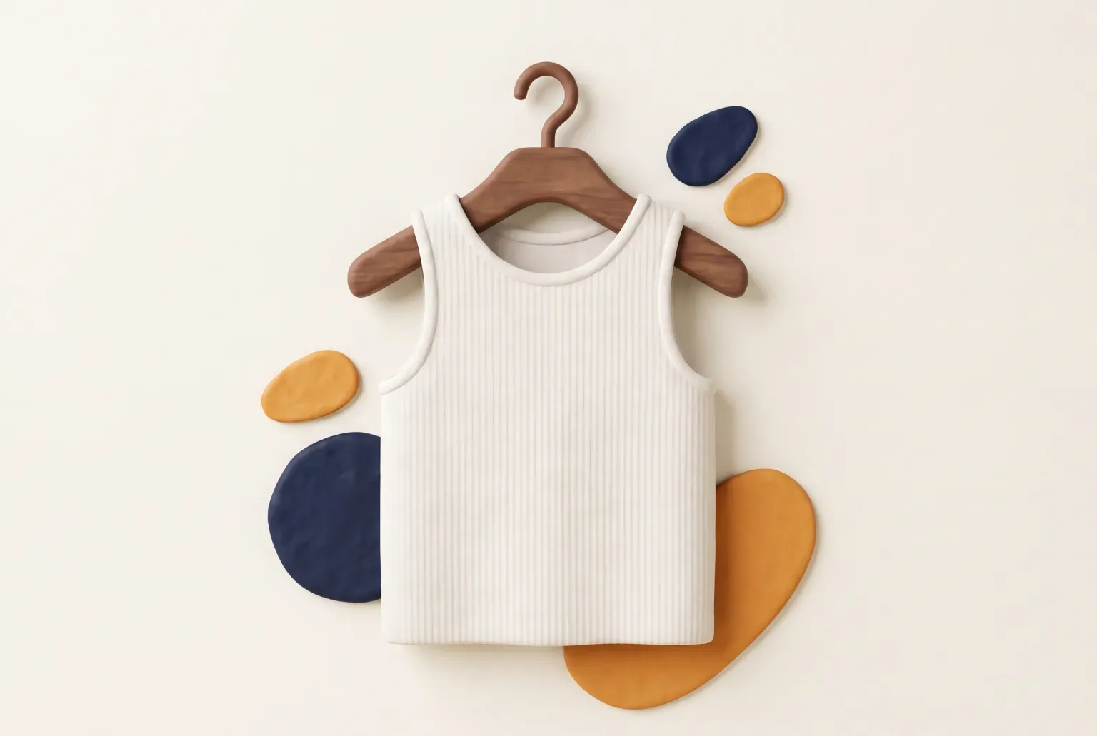 Illustration: a plain white ribbed sleeveless tank top on a wooden hanger against a cream wall with navy and amber pebbles, drawn as a soft 3D render. Not a real product.