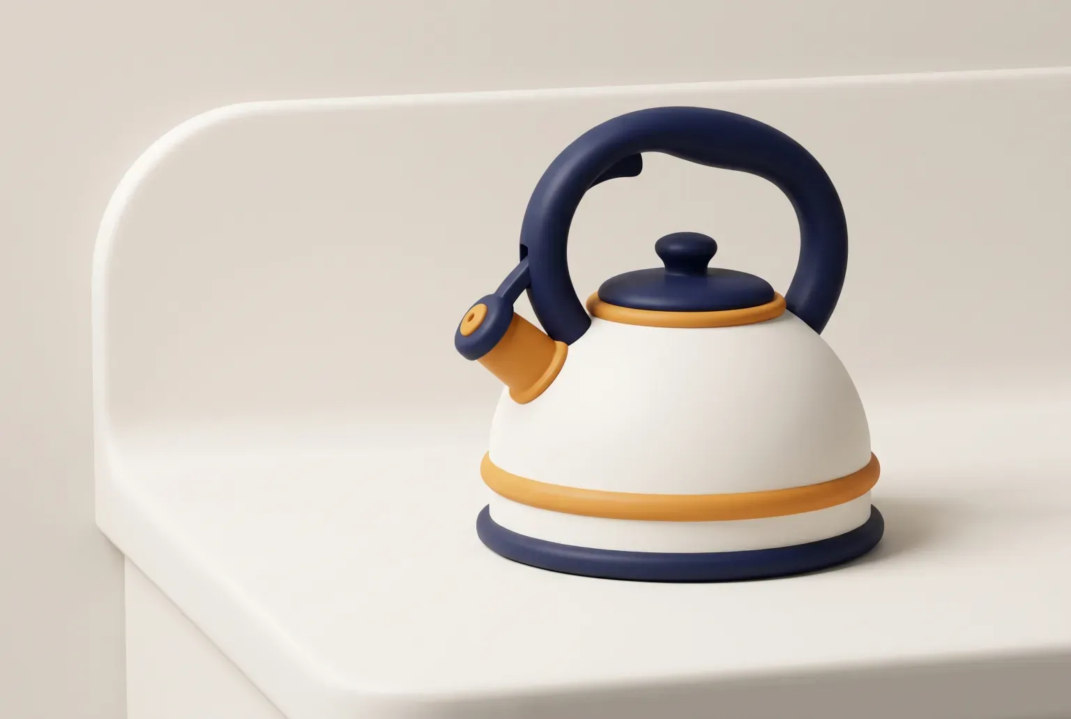 Illustration: a rounded cream and navy whistling stovetop kettle with a curved handle and a small spout on a plain kitchen counter, drawn as a soft 3D render. Not a real product.
