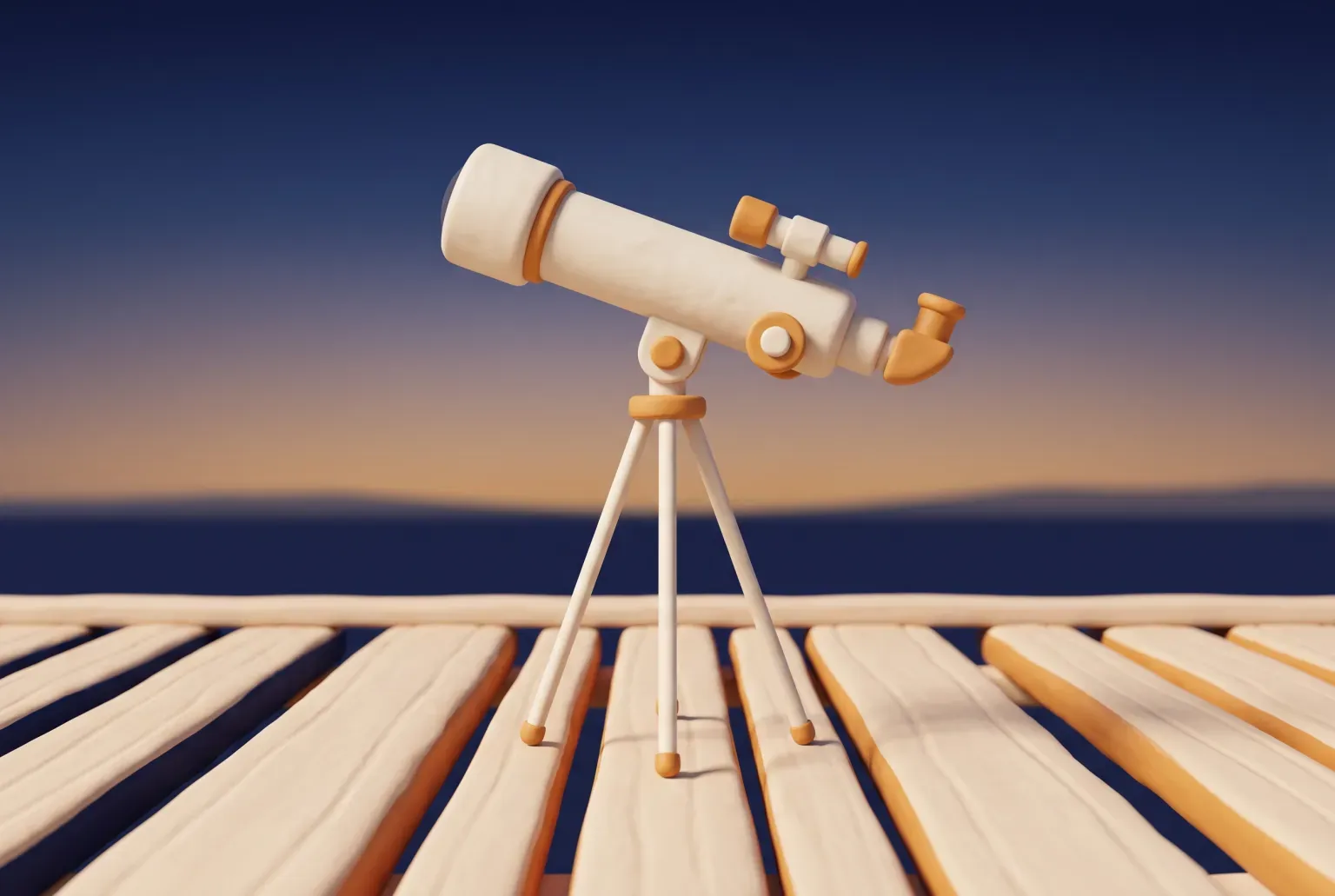Illustration: a small white refractor telescope on a slim tripod on a cream wooden deck at dusk, with a soft amber and navy sky behind, drawn as a soft 3D render. Not a real product.