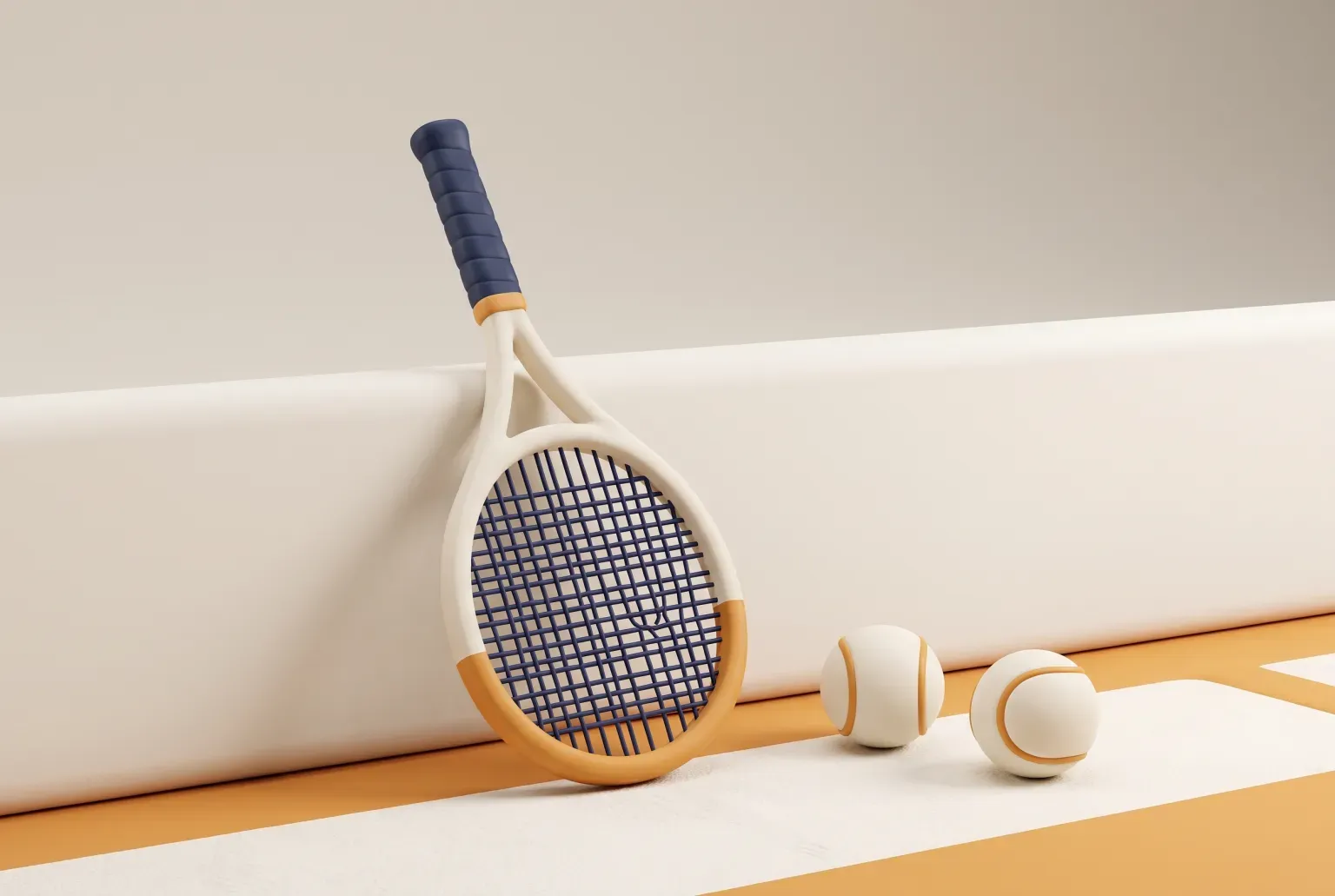 Illustration: a cream tennis racket with navy strings and an amber tip leaning on a low white wall beside two cream tennis balls, drawn as a soft 3D render. Not a real product.