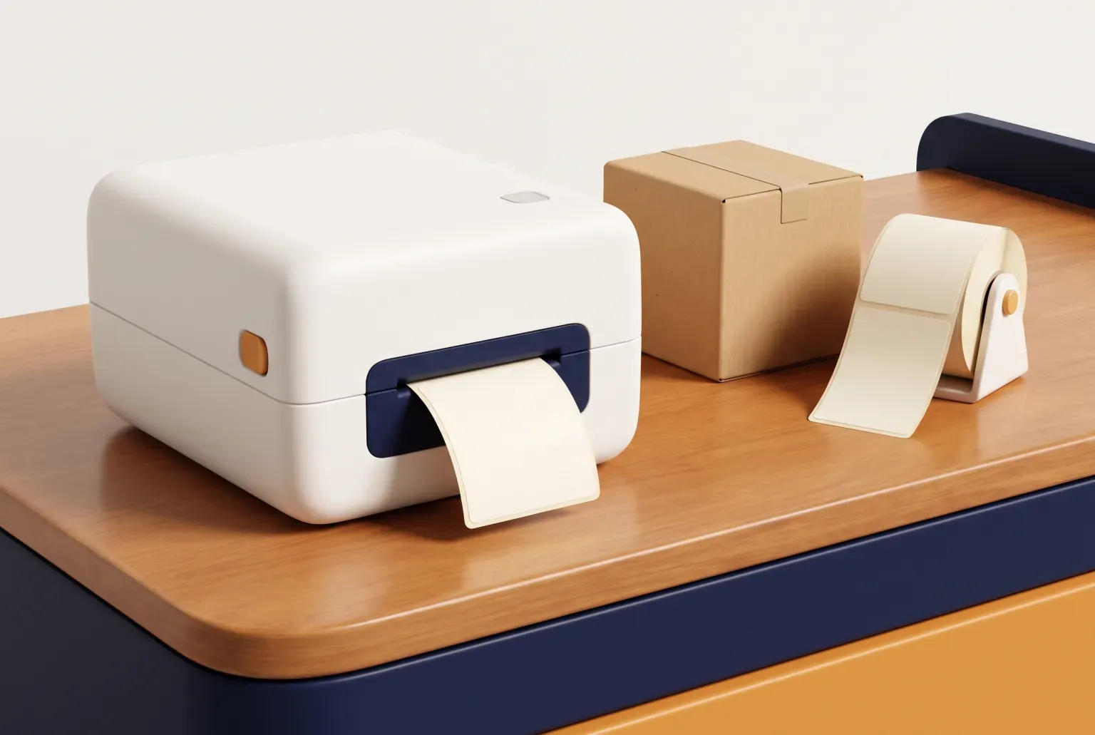 Illustration: a compact white desktop label printer with a plain blank label coming out of its front slot, on a tidy wooden desk beside a small cardboard box and a roll of blank labels, drawn as a soft 3D render. Not a real product.
