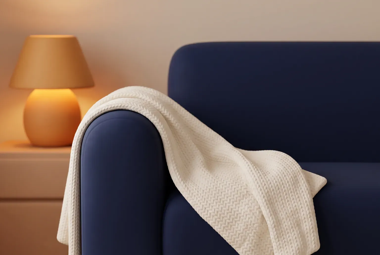 Illustration: a plain cream knitted throw blanket folded over the arm of a navy sofa, with a soft amber lamp glow behind, drawn as a soft 3D render. Not a real product.