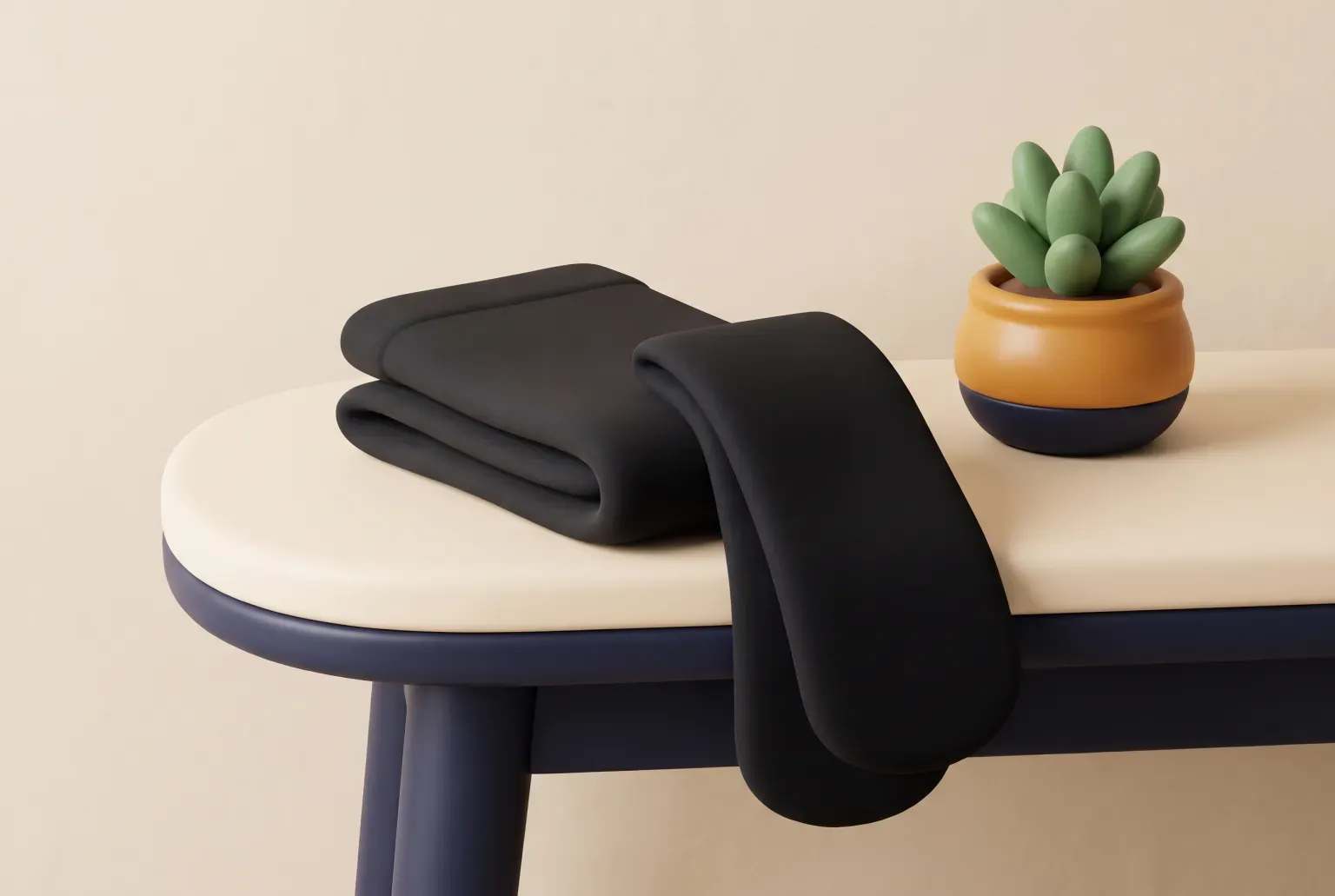 Illustration: a pair of plain black tights folded on a cream bench beside a small potted succulent, drawn as a soft 3D render. Not a real product.