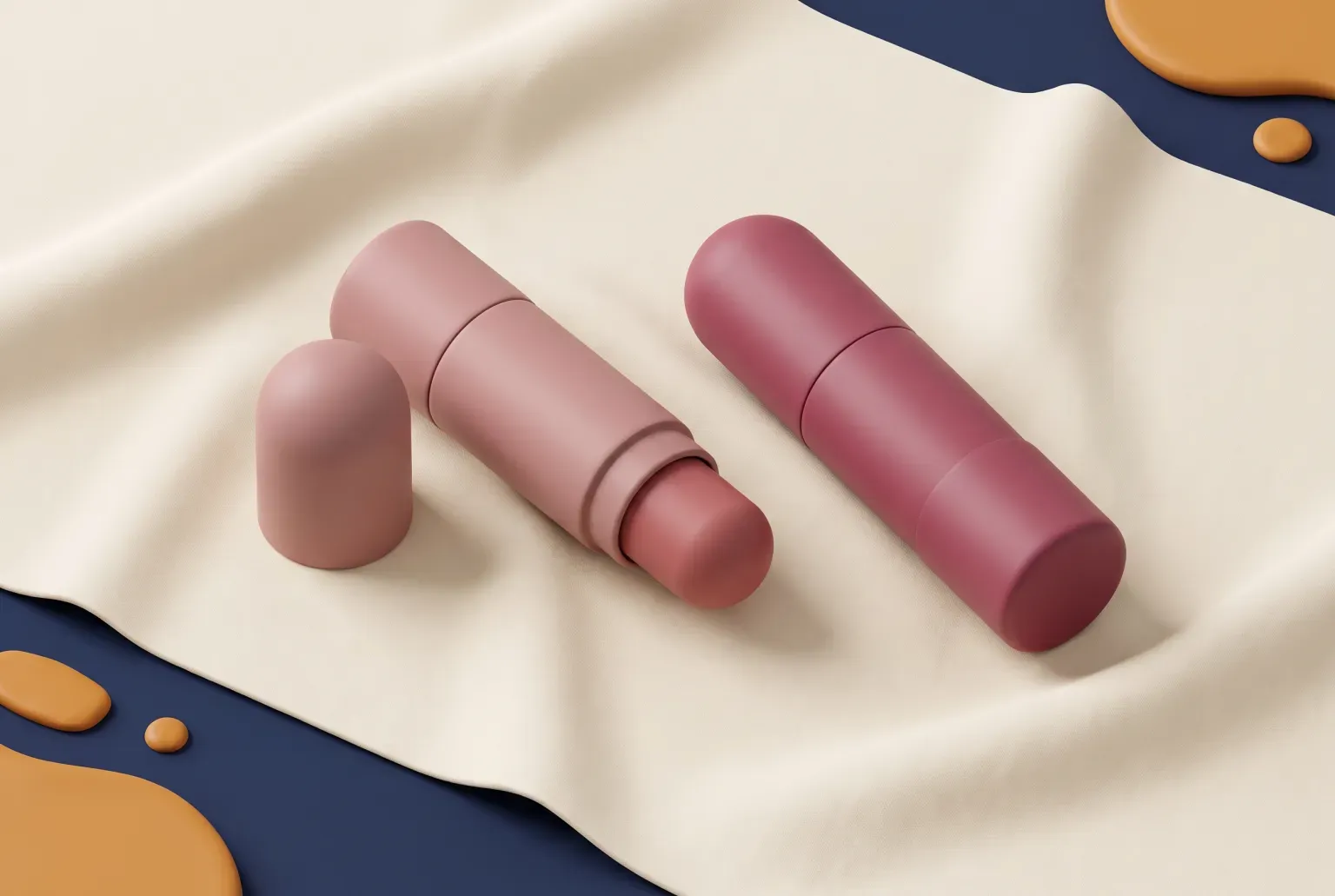 Illustration: two plain lip balm tubes in rose and berry tones, one with its cap off, lying on a folded cream cloth, drawn as a soft 3D render. Not a real product.