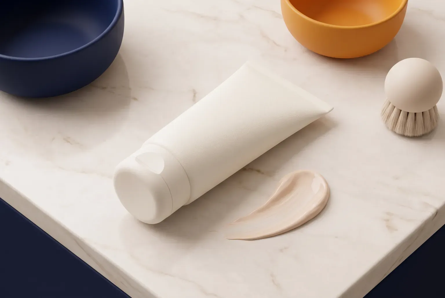 Illustration: a plain white squeeze tube with a swatch of skin-toned cream beside it on a marble vanity, drawn as a soft 3D render. Not a real product.