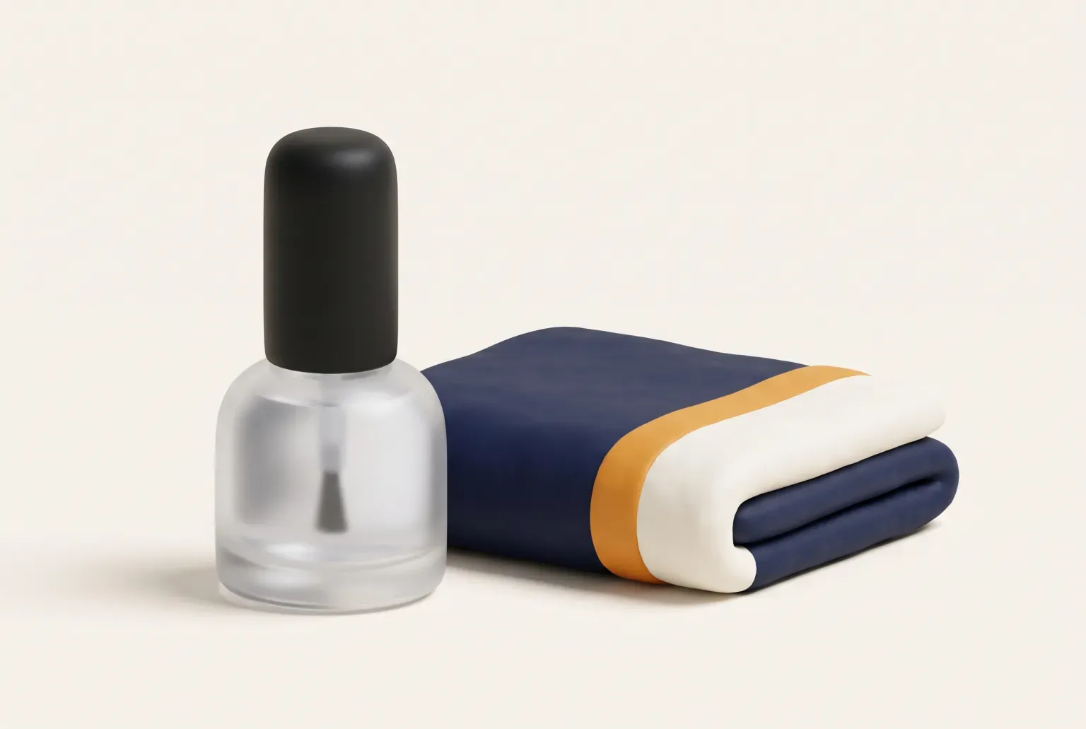 Illustration: a single small glass bottle of clear nail polish with a plain black cap on a cream surface beside a folded soft towel, drawn as a soft 3D render. Not a real product.