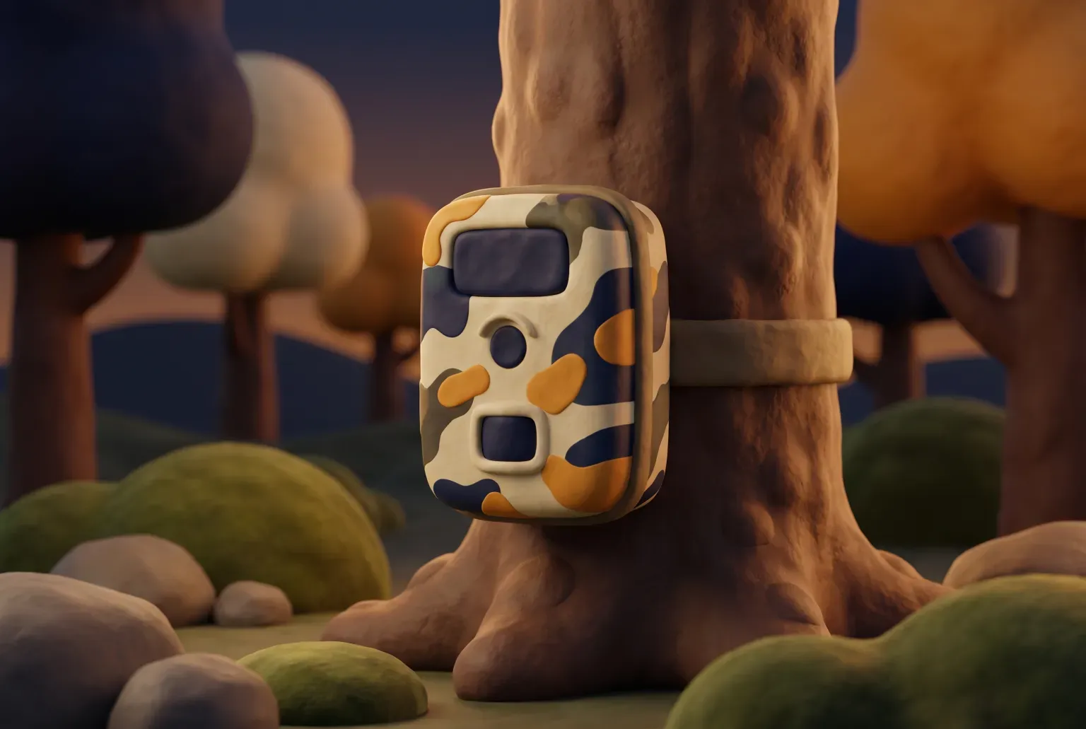 Illustration: a small camouflage-patterned trail camera strapped to a tree trunk in a quiet forest at dusk, drawn as a soft 3D render. Not a real product.