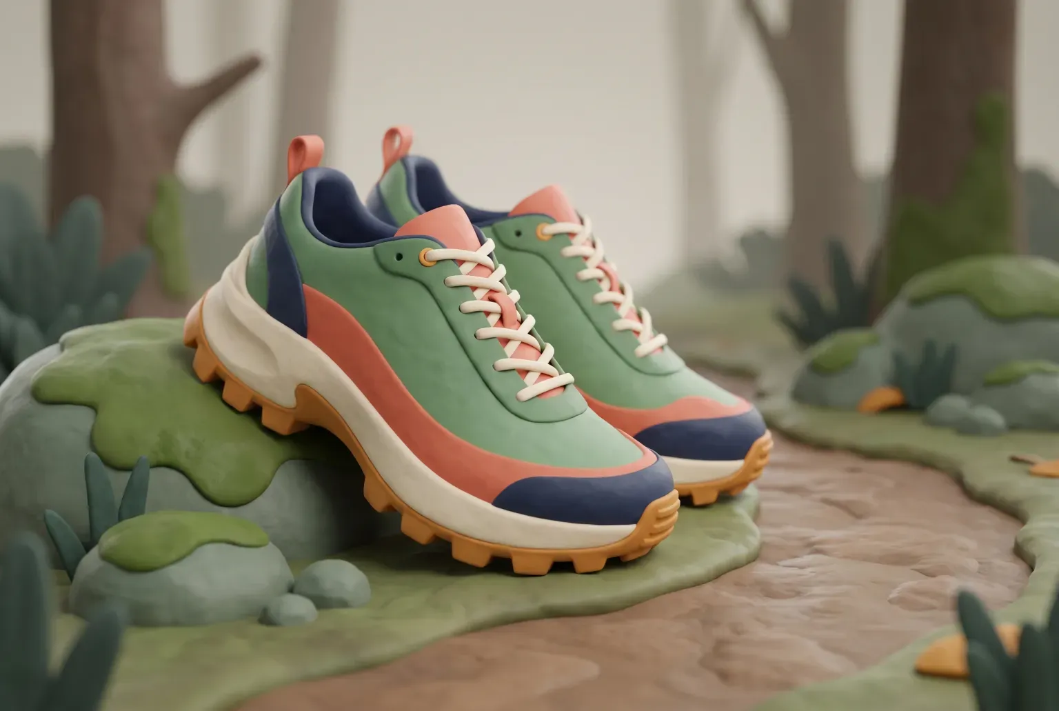 Illustration: a pair of green, coral and navy trail running shoes with chunky amber lugged soles on a mossy rock beside a dirt forest path, drawn as a soft 3D render. Not a real product.