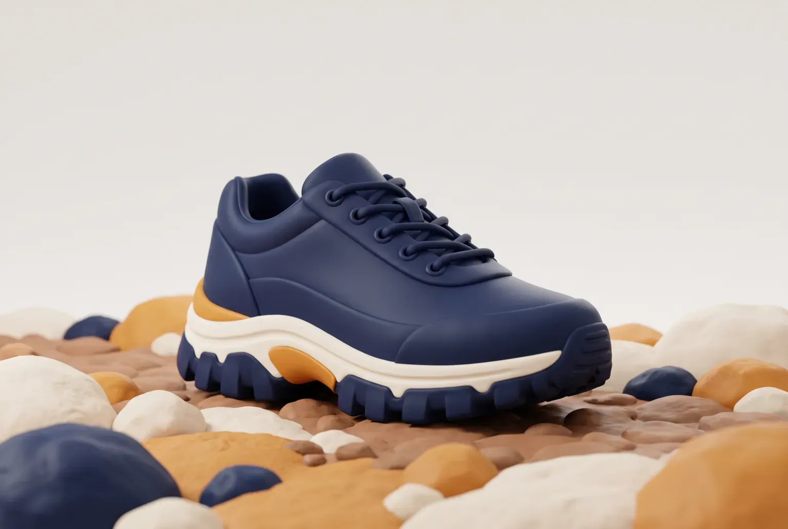 Illustration: a navy trail running shoe with a lugged sole standing on cream, amber and navy rocks, drawn as a soft 3D render. Not a real product.