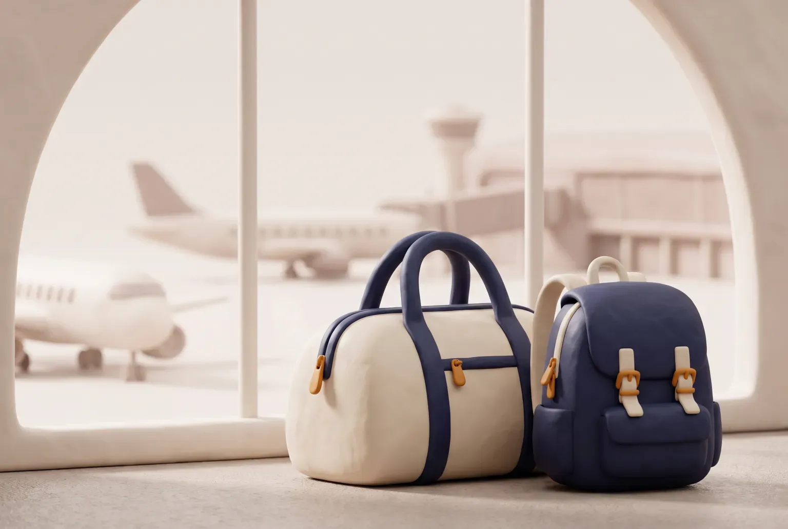 Illustration: a cream duffel bag and a navy backpack standing beside an arched airport window with planes outside, drawn as a soft 3D render. Not a real product.