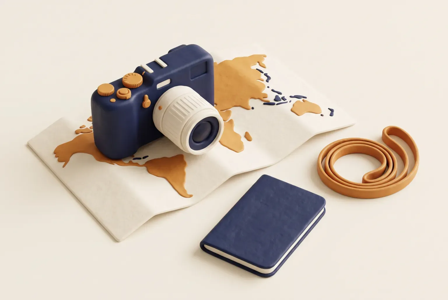 Illustration: a navy compact camera with a white zoom lens resting on a folded cream world map beside a navy notebook and a coiled amber strap, drawn as a soft 3D render. Not a real product.
