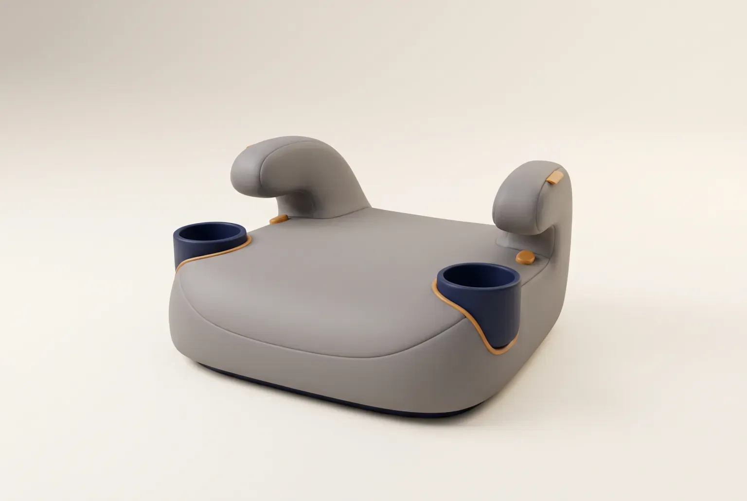 Illustration: a small child's backless booster car seat resting on a plain cream floor, drawn as a soft 3D render. Not a real product.