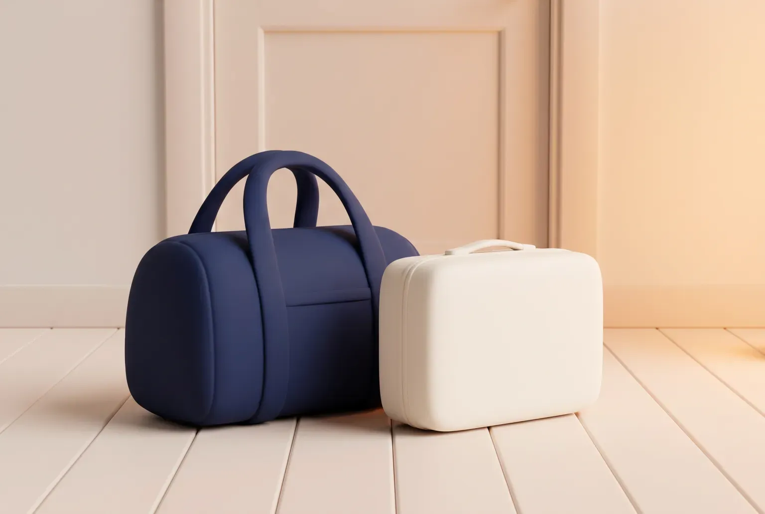 Illustration: a plain navy soft duffel bag standing on a pale wooden floor beside a small plain suitcase near a door, soft amber light, drawn as a soft 3D render. Not a real product.