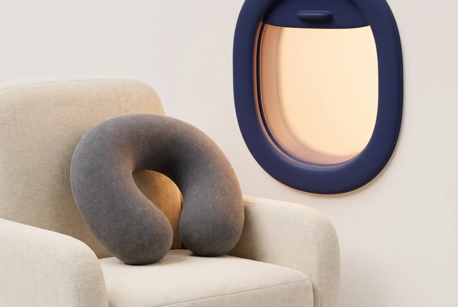 Illustration: a plain grey U-shaped neck pillow resting on an empty airplane seat beside an oval window, drawn as a soft 3D render. Not a real product.