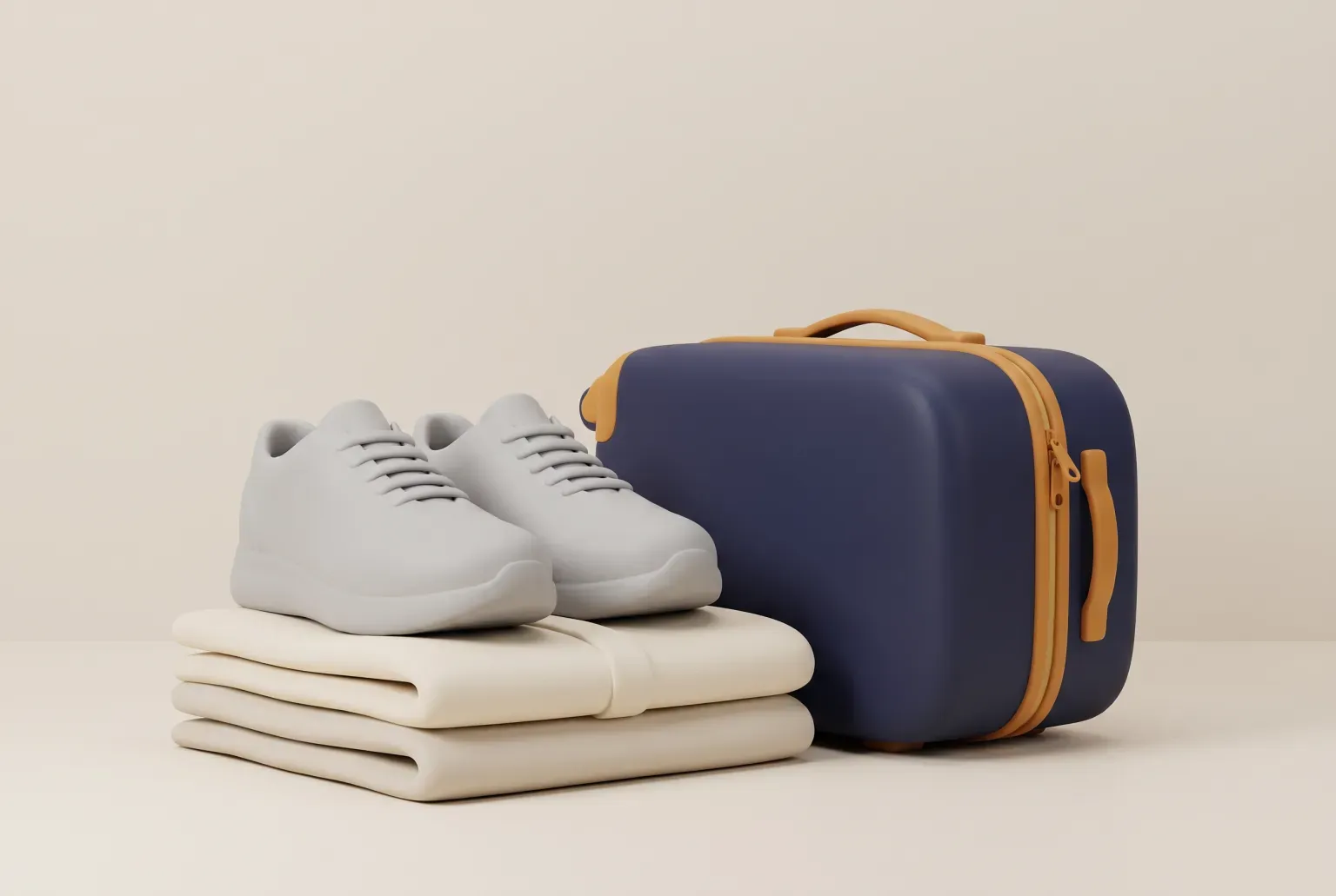 Illustration: a pair of plain gray sneakers resting on a stack of folded clothes beside a small navy carry-on suitcase, drawn as a soft 3D render. Not a real product.