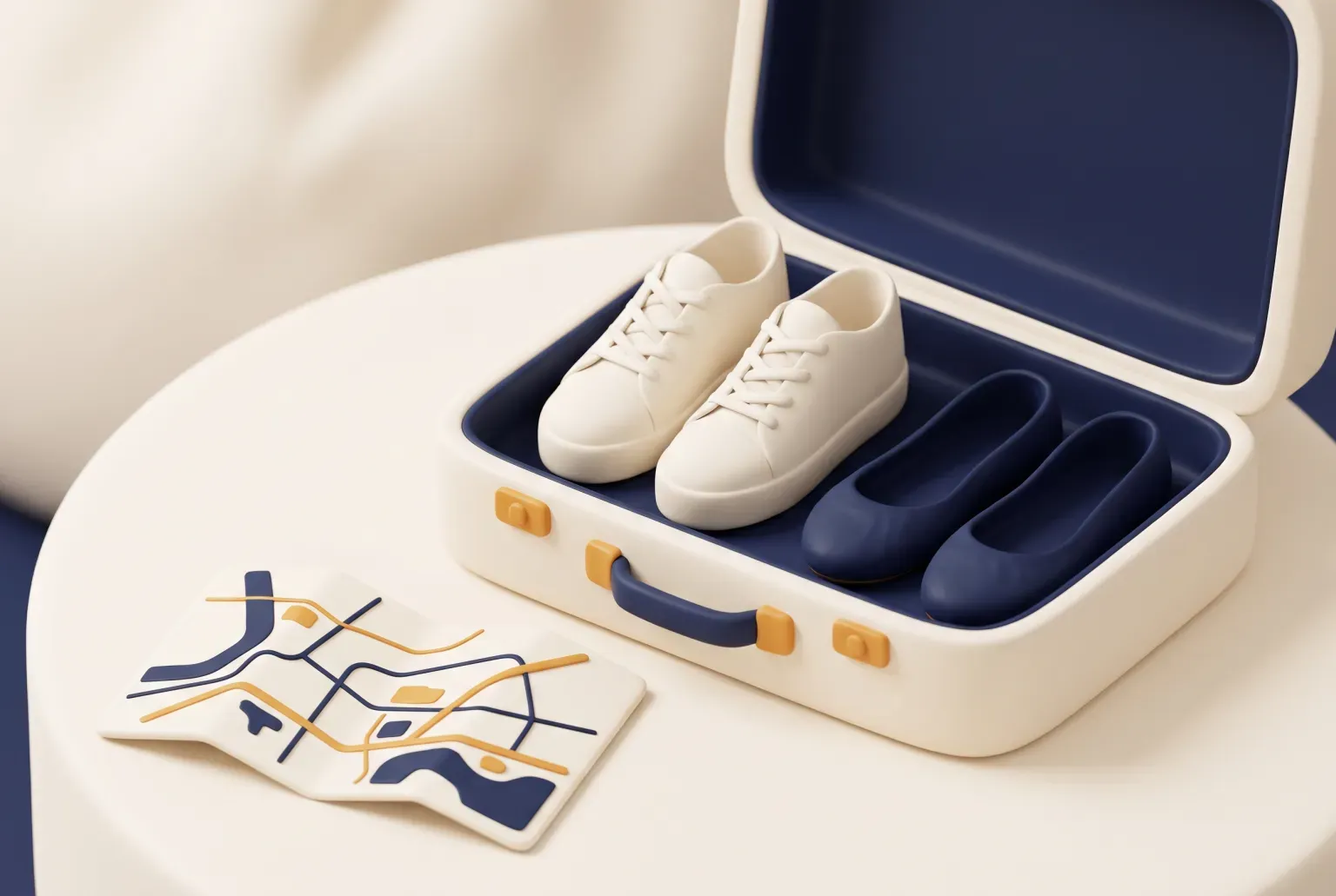 Illustration: a pair of cream sneakers and a pair of navy flats inside an open cream suitcase beside a folded map, drawn as a soft 3D render. Not a real product.