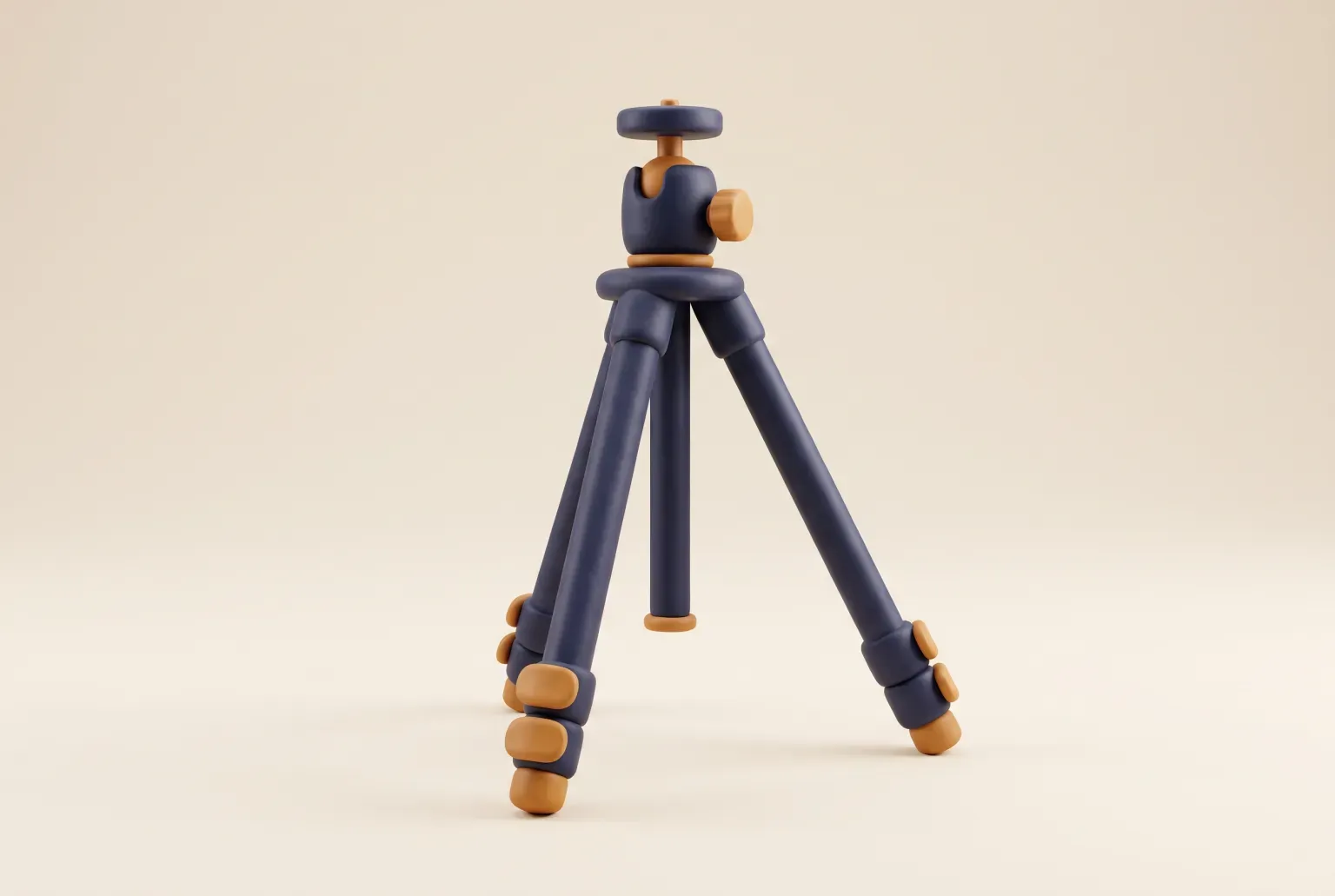 Illustration: a lightweight navy camera tripod with amber leg locks and a ball head, standing on a cream floor, drawn as a soft 3D render. Not a real product.
