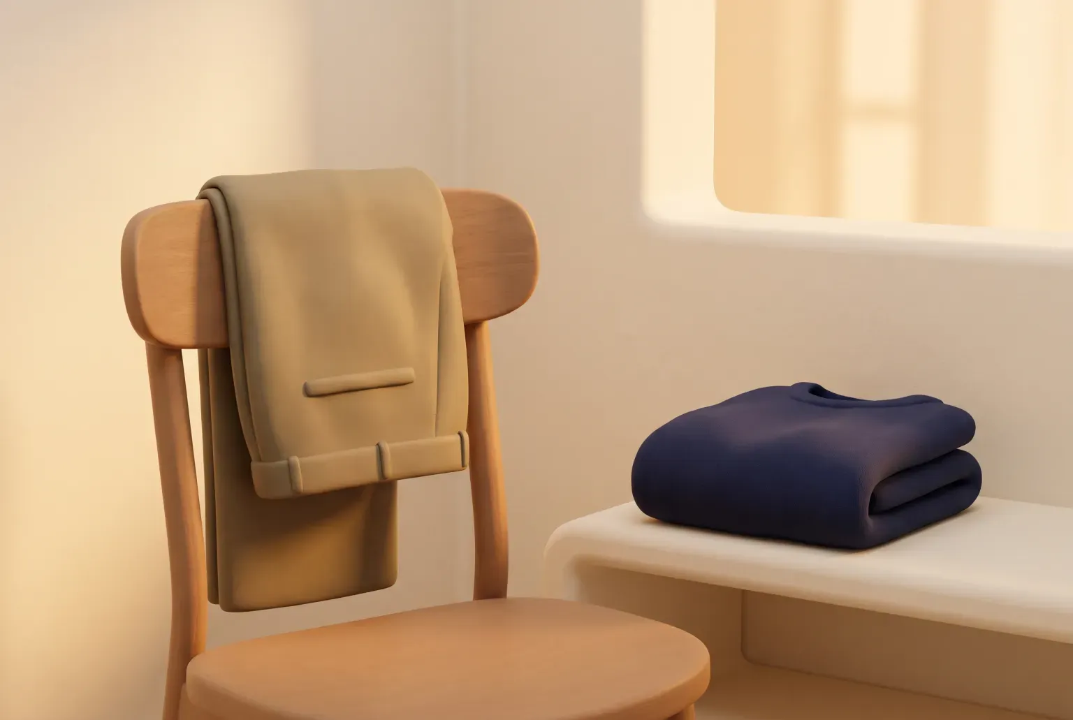 Illustration: a pair of plain khaki trousers folded over a wooden chair back beside a navy folded sweater on a cream floor, soft amber light, drawn as a soft 3D render. Not a real product.