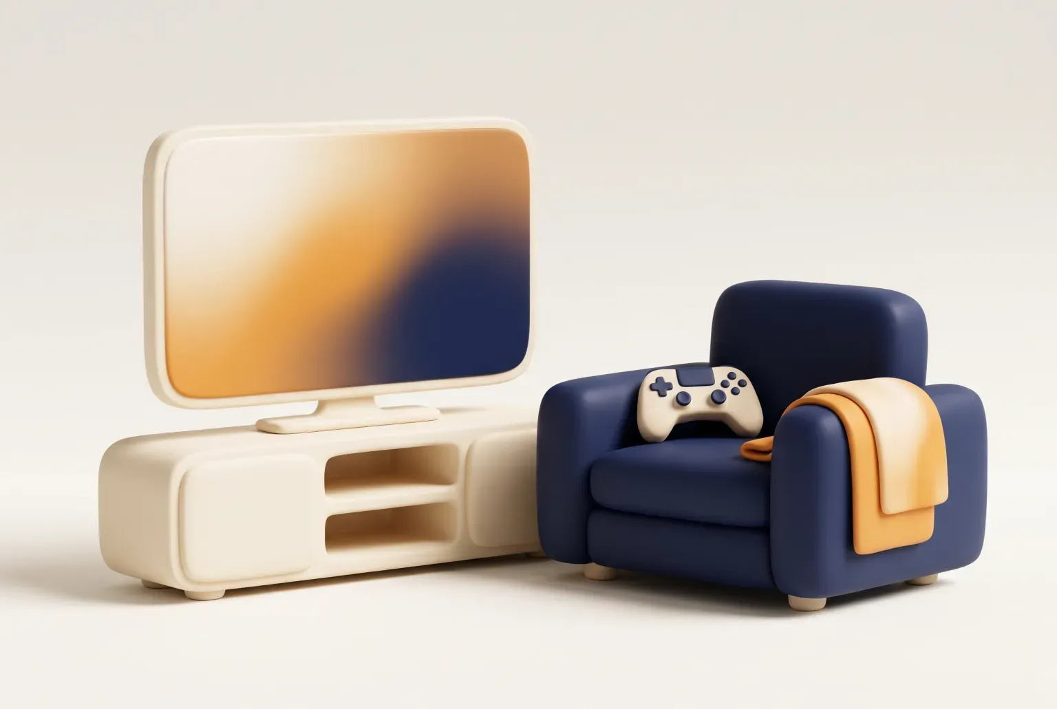 Illustration: a flat-screen television on a low cream console in a living room with a soft colour gradient on the screen and a game controller on the sofa, drawn as a soft 3D render. Not a real product.