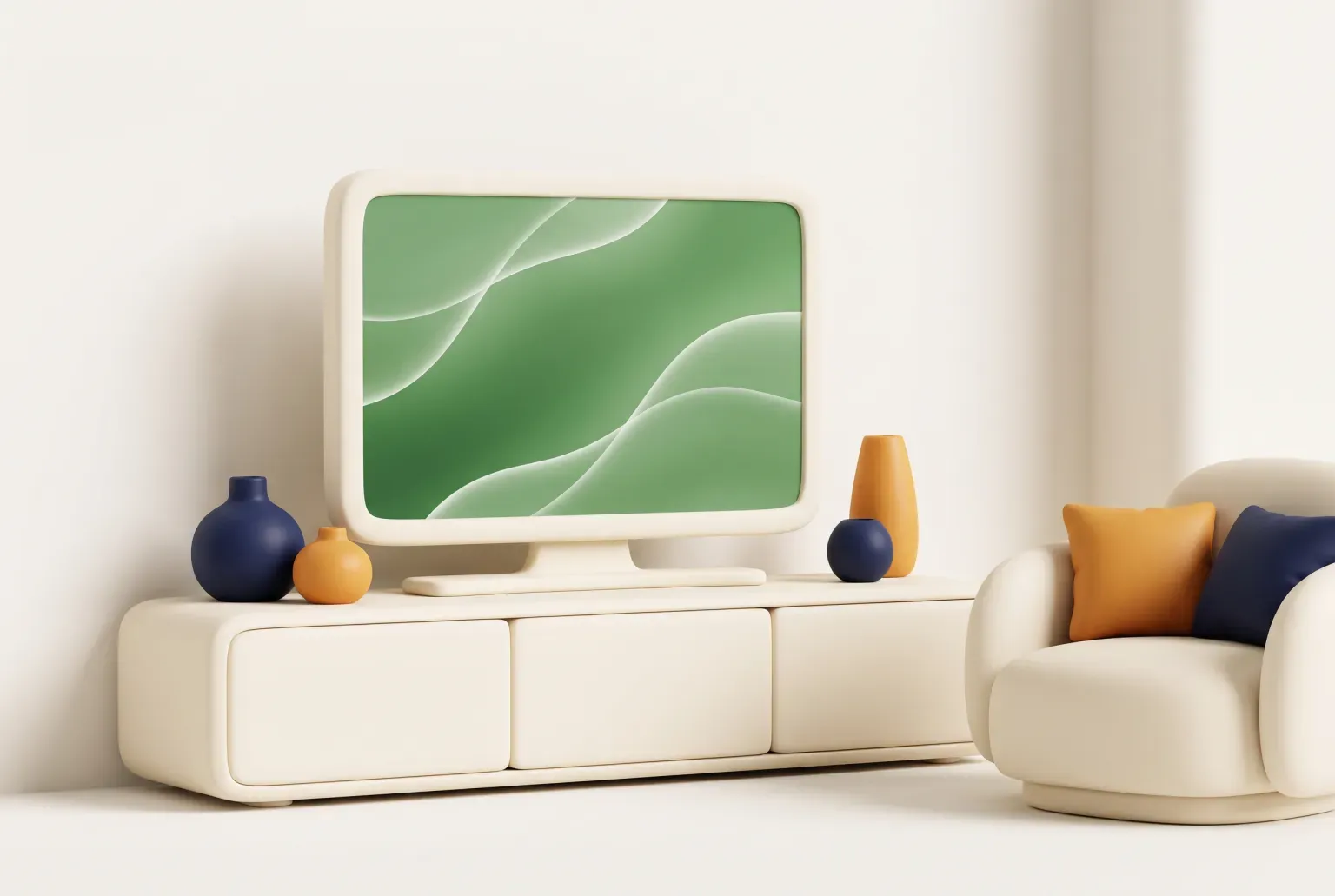 Illustration: a plain flat-screen television on a low cream cabinet showing an abstract green pattern, beside a soft cream armchair, drawn as a soft 3D render. Not a real product.