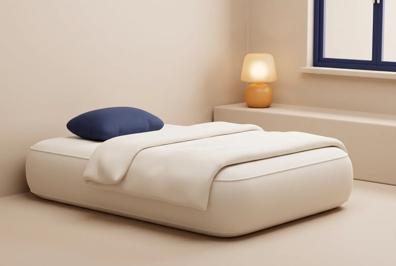 Illustration: a plain cream raised air mattress made up with a cream blanket and a navy pillow in the corner of a quiet room beside a small amber lamp, drawn as a soft 3D render. Not a real product.