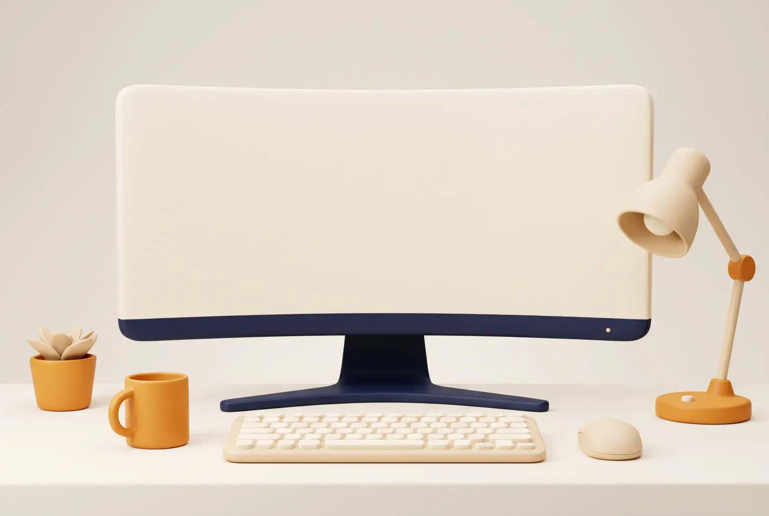 Illustration: a wide curved computer monitor with a navy stand on a cream desk beside a plain keyboard, a mouse, a desk lamp and a small plant, drawn as a soft 3D render. Not a real product.