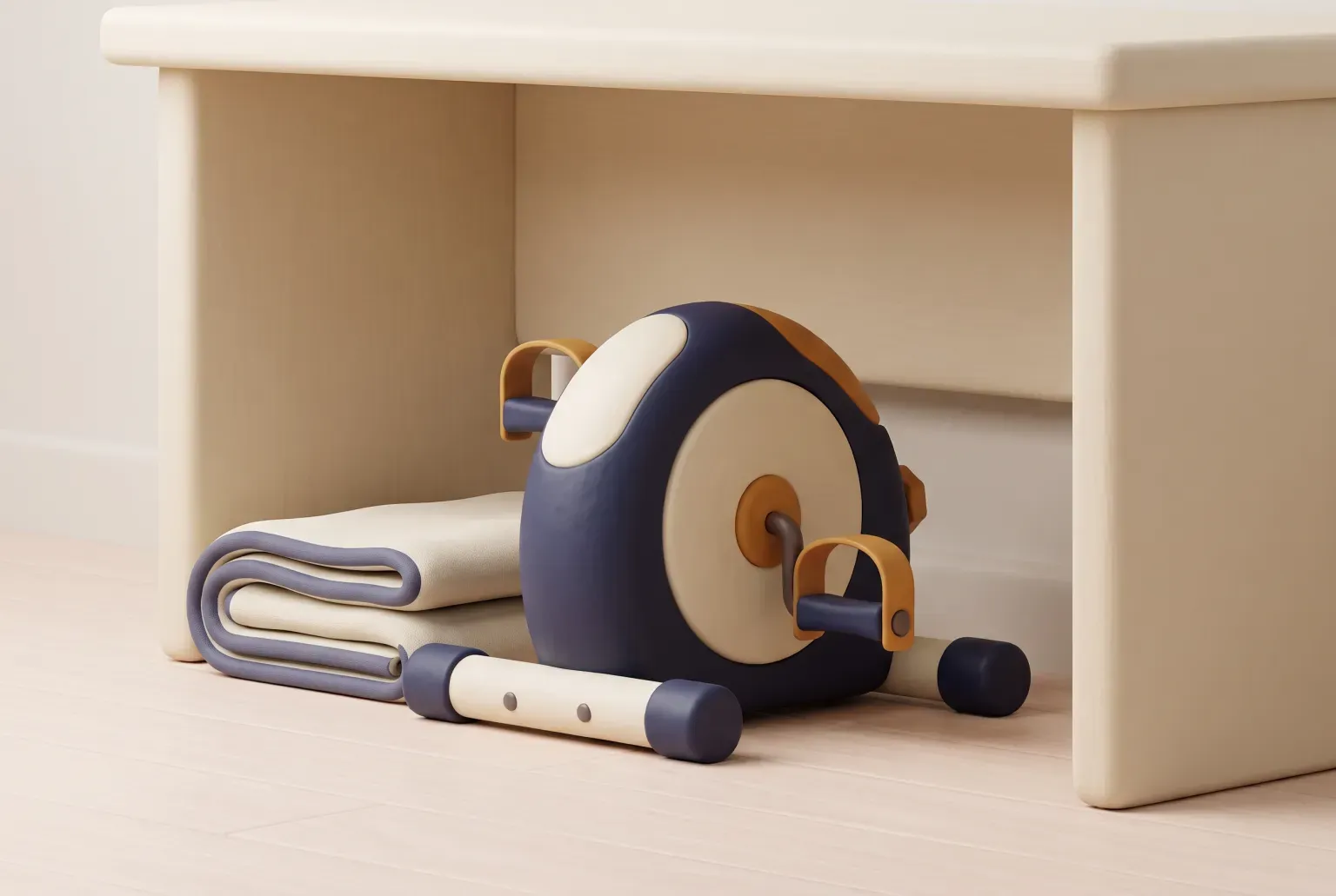 Illustration: a navy and cream seated pedal machine tucked under a cream desk beside a folded blanket on a pale wooden floor, drawn as a soft 3D render. Not a real product.