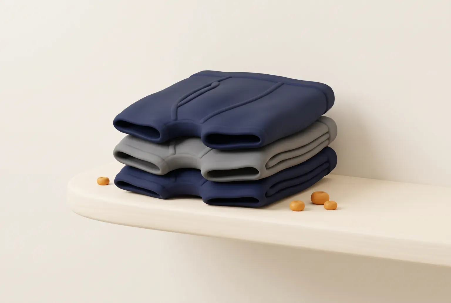 Illustration: a neat stack of three folded navy and grey underwear on a pale shelf with a few amber beads, drawn as a soft 3D render. Not a real product.