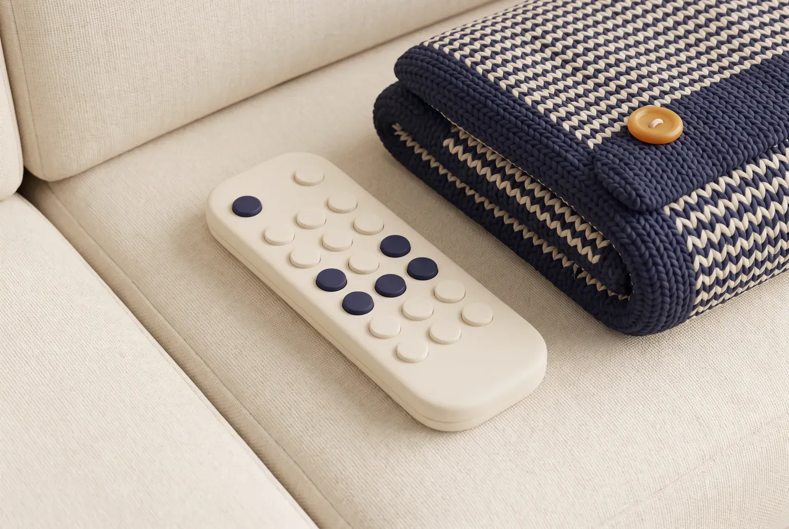 Illustration: a slim cream remote control with round navy and cream buttons resting on a sofa cushion beside a folded navy knitted blanket, drawn as a soft 3D render. Not a real product.